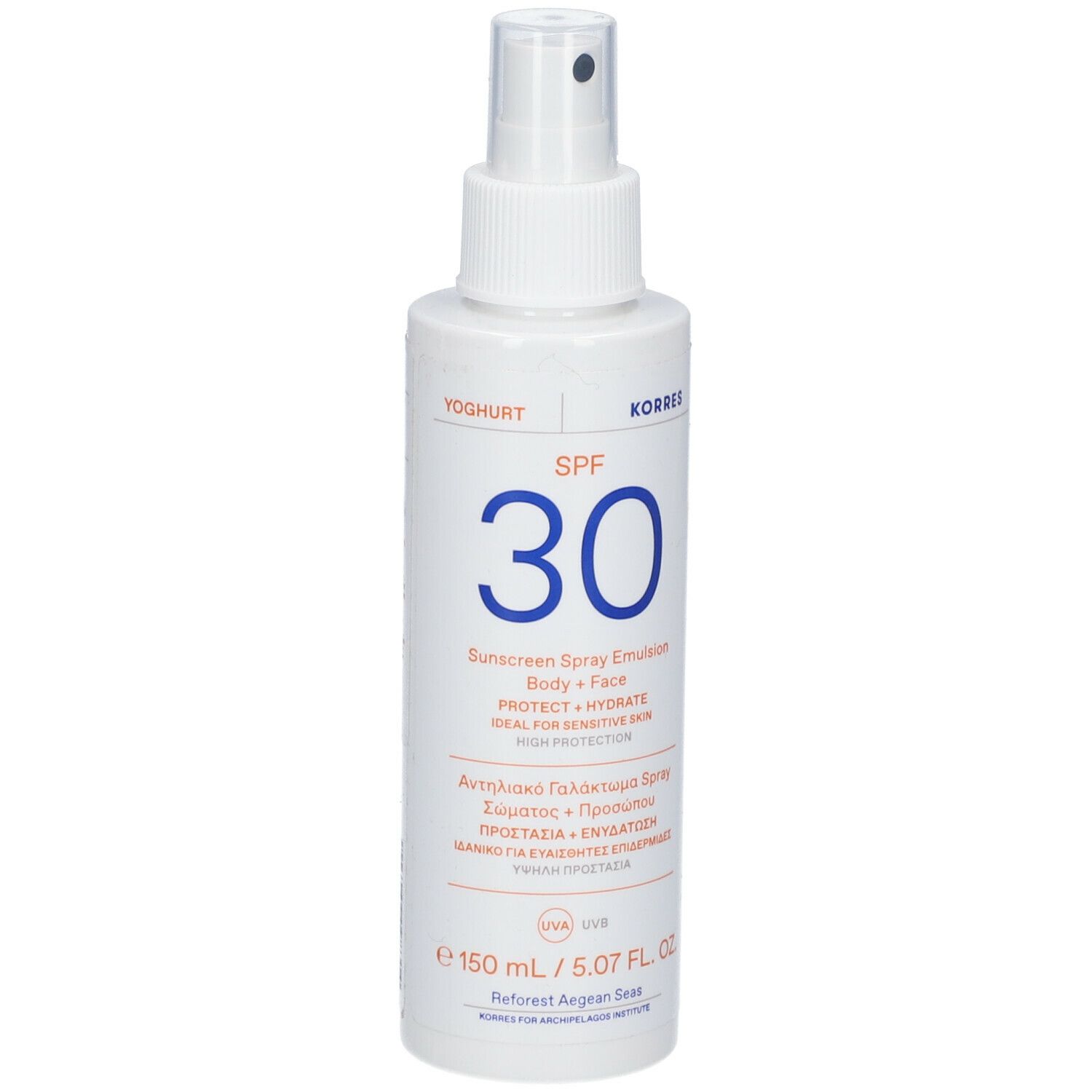 Flacon spray blanc avec SPF 30 bleu. Texte en noir et bleu. Marque KORRES.
