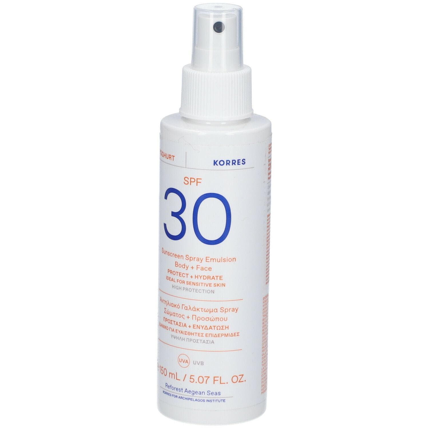 Flacon spray blanc avec SPF 30 bleu. Texte en noir et bleu. Marque KORRES.