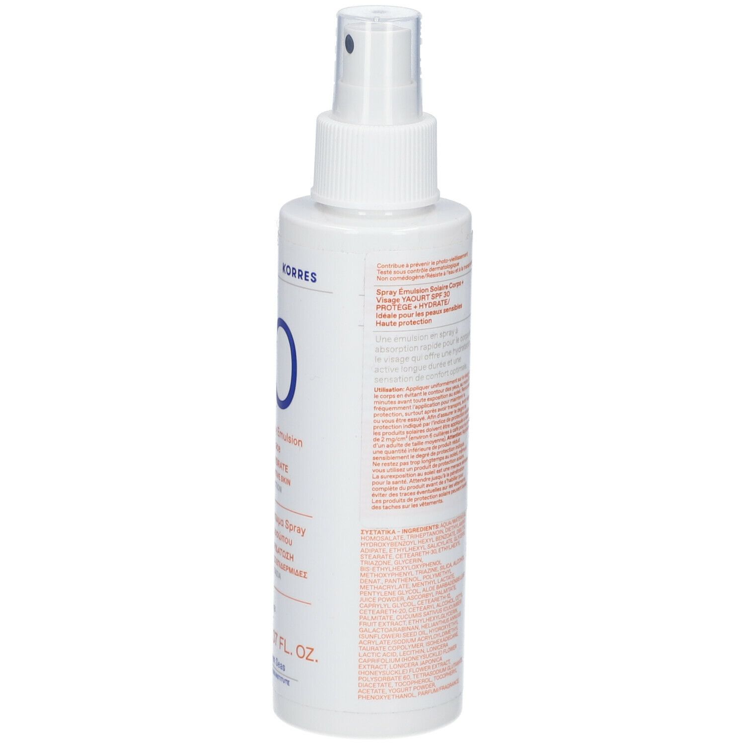 Flacon spray blanc avec SPF 30 bleu. Texte en noir et bleu. Marque KORRES.