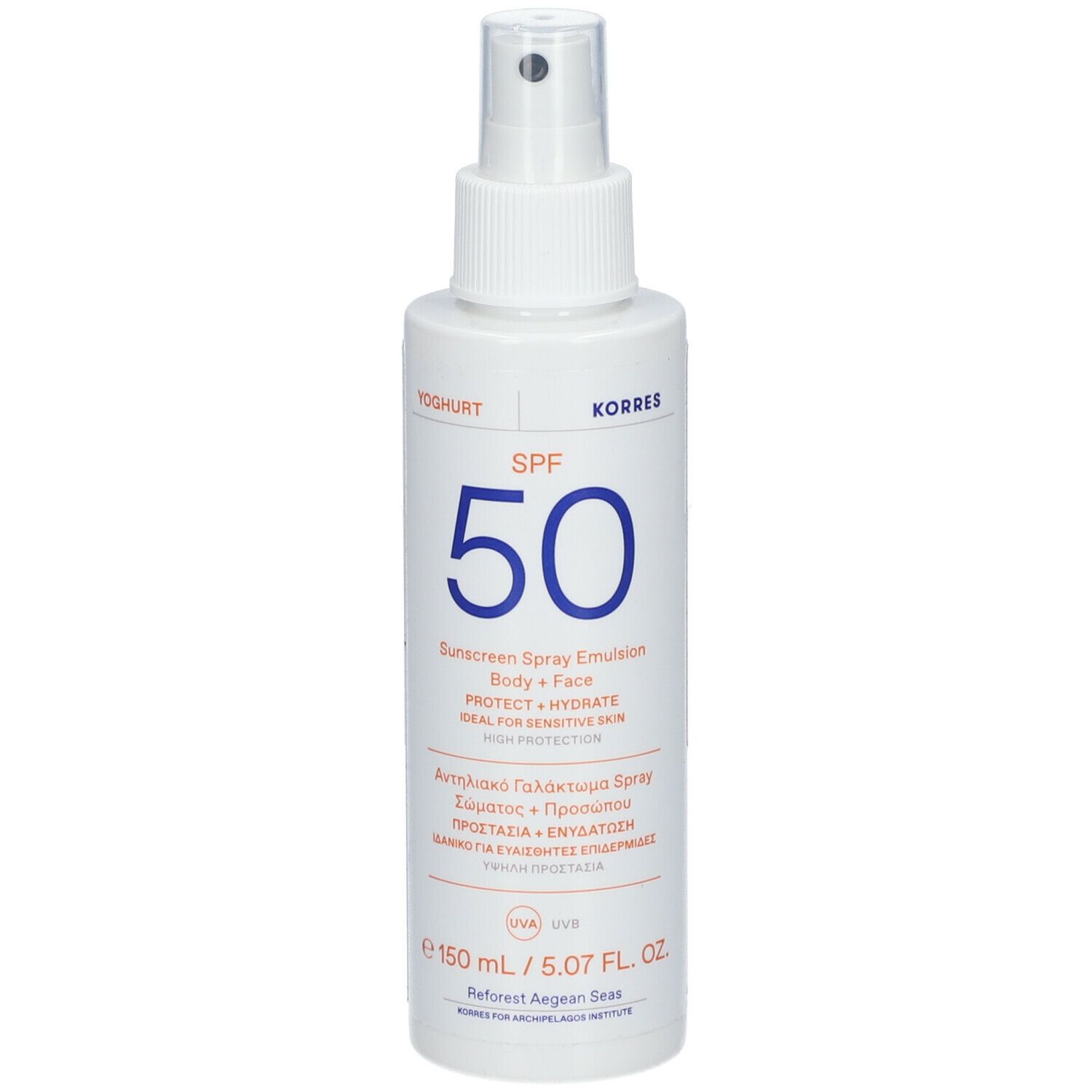 KORRES zonnebrandspray, witte fles met verstuiver. SPF 50, lichaam en gezicht. Tekst in het Grieks en Engels.