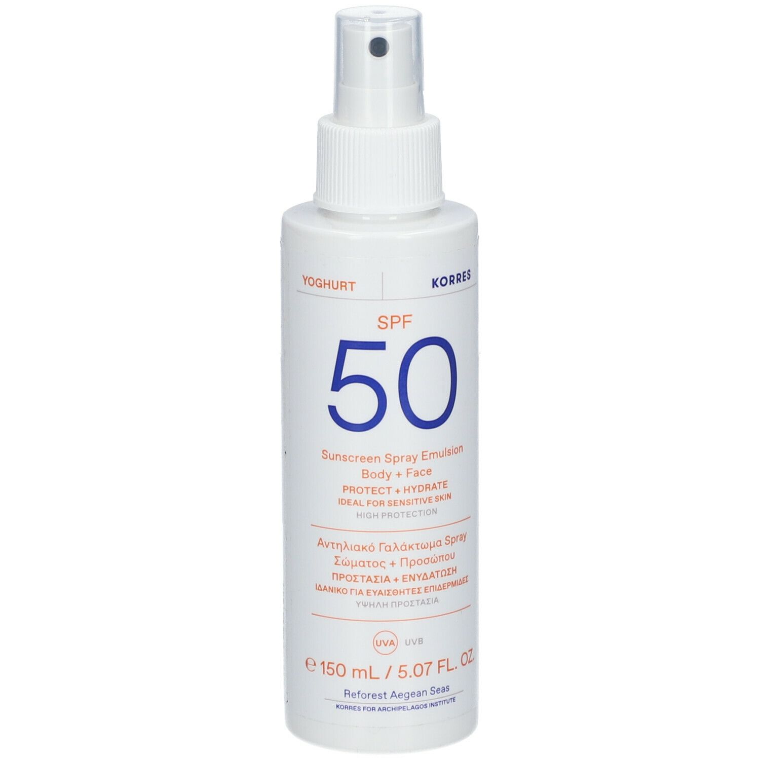 KORRES zonnebrandspray, witte fles met verstuiver. SPF 50, lichaam en gezicht. Tekst in het Grieks en Engels.