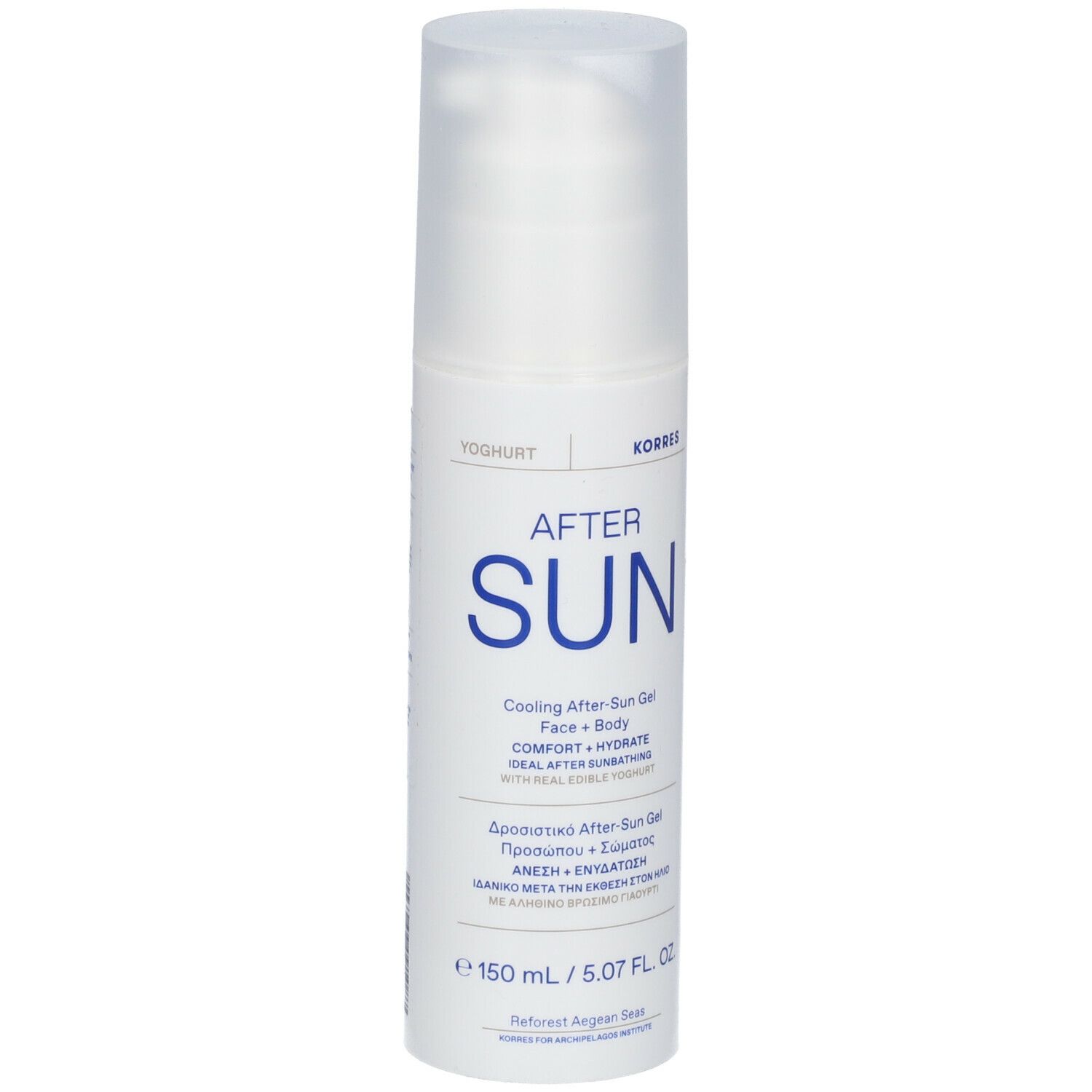 Weiße Flasche mit Sprühkopf. Aufschrift: AFTER SUN, KORRES. Kühlendes After-Sun Gel für Gesicht und Körper.