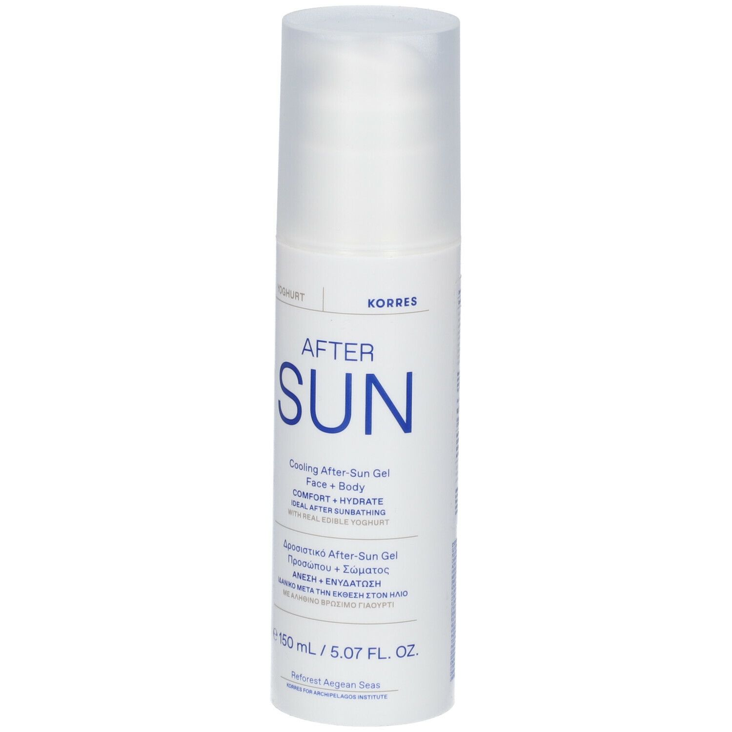 Weiße Flasche mit Sprühkopf. Aufschrift: AFTER SUN, KORRES. Kühlendes After-Sun Gel für Gesicht und Körper.