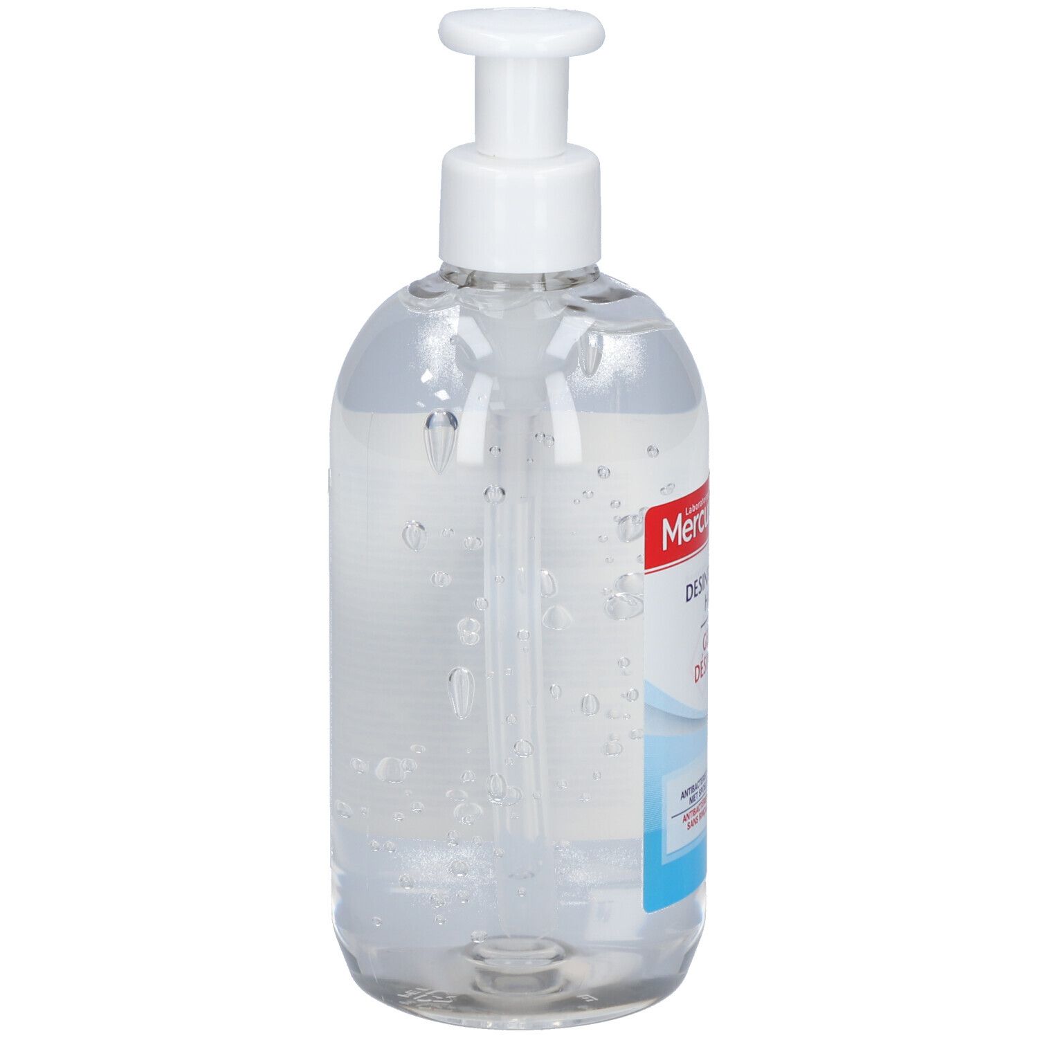 Transparante fles met witte pomp. Opschrift: Mercurochrome, Desinfecterende Handgel, Gel Mains Désinfectant. Zijaanzicht.