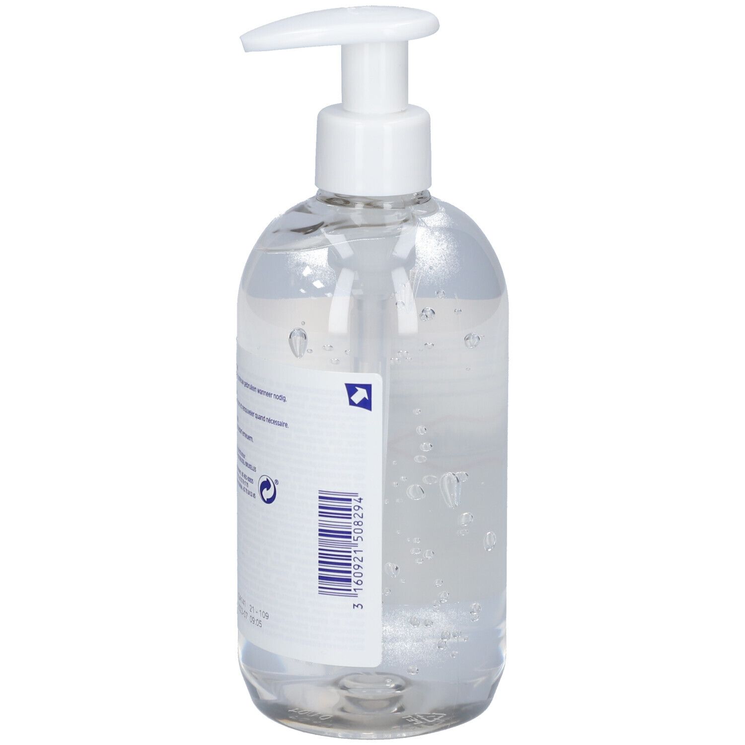 Transparante fles met witte pomp. Achterkant met etiket en barcode. Geen productnaam zichtbaar.