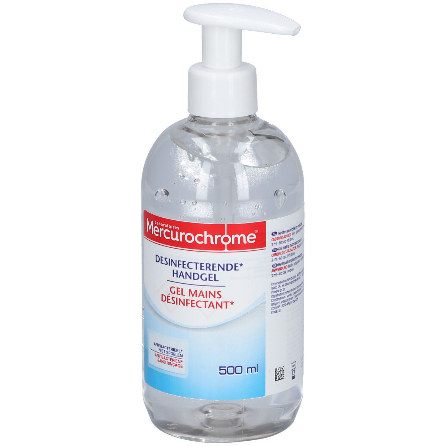 Transparante fles met witte pomp. Opschrift: Mercurochrome, Desinfecterende Handgel, Gel Mains Désinfectant. 500 ml.