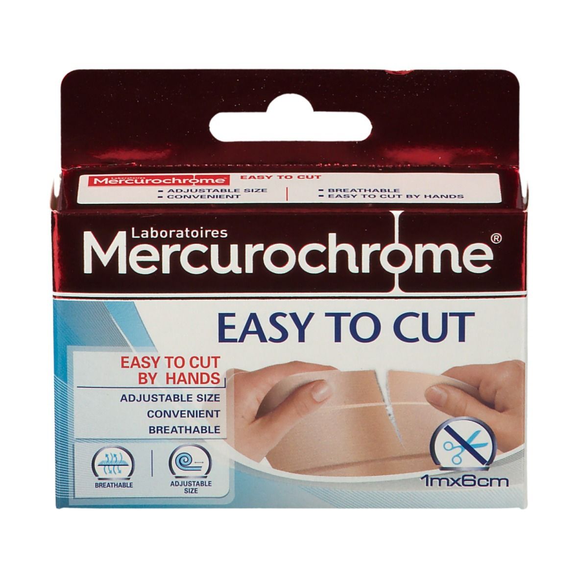 Boîte de Mercurochrome Découpe Facile. Inscription: Easy to cut, 1 m x 6 cm. Illustration: mains coupant le pansement.