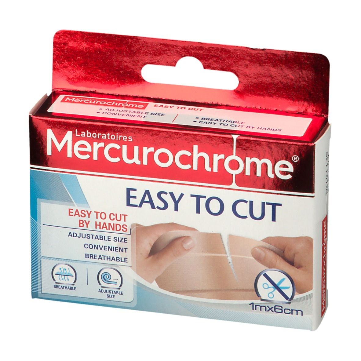 Boîte de Mercurochrome Découpe Facile. Inscription: Easy to cut, 1 m x 6 cm. Illustration: mains coupant le pansement.