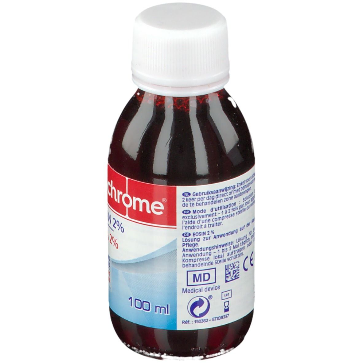 Flacon de liquide rouge. Étiquette "Mercurochrome Eosine 2%". Bouchon blanc. Texte et marquage CE.