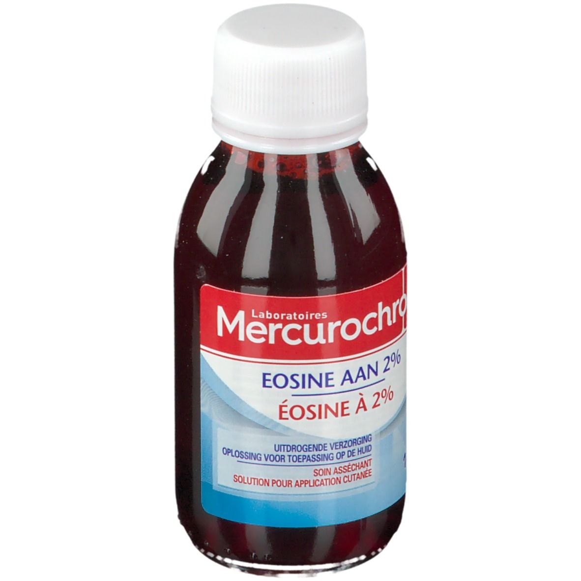 Flacon de liquide rouge. Étiquette "Mercurochrome Eosine 2%". Bouchon blanc. Étiquettes bleues et rouges.