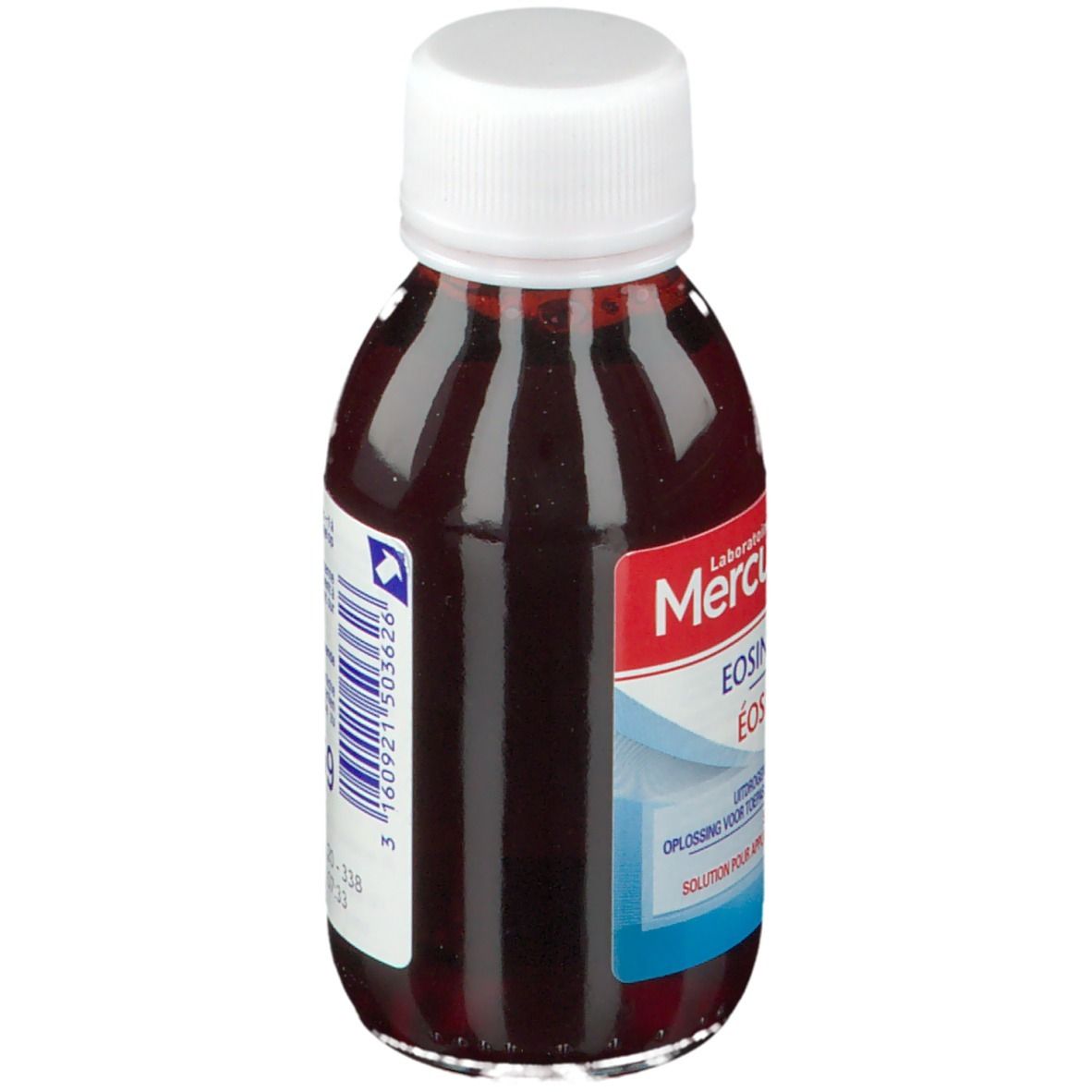 Flacon de liquide rouge. Dos avec texte. Bouchon blanc. Étiquette "Mercurochrome Eosine".