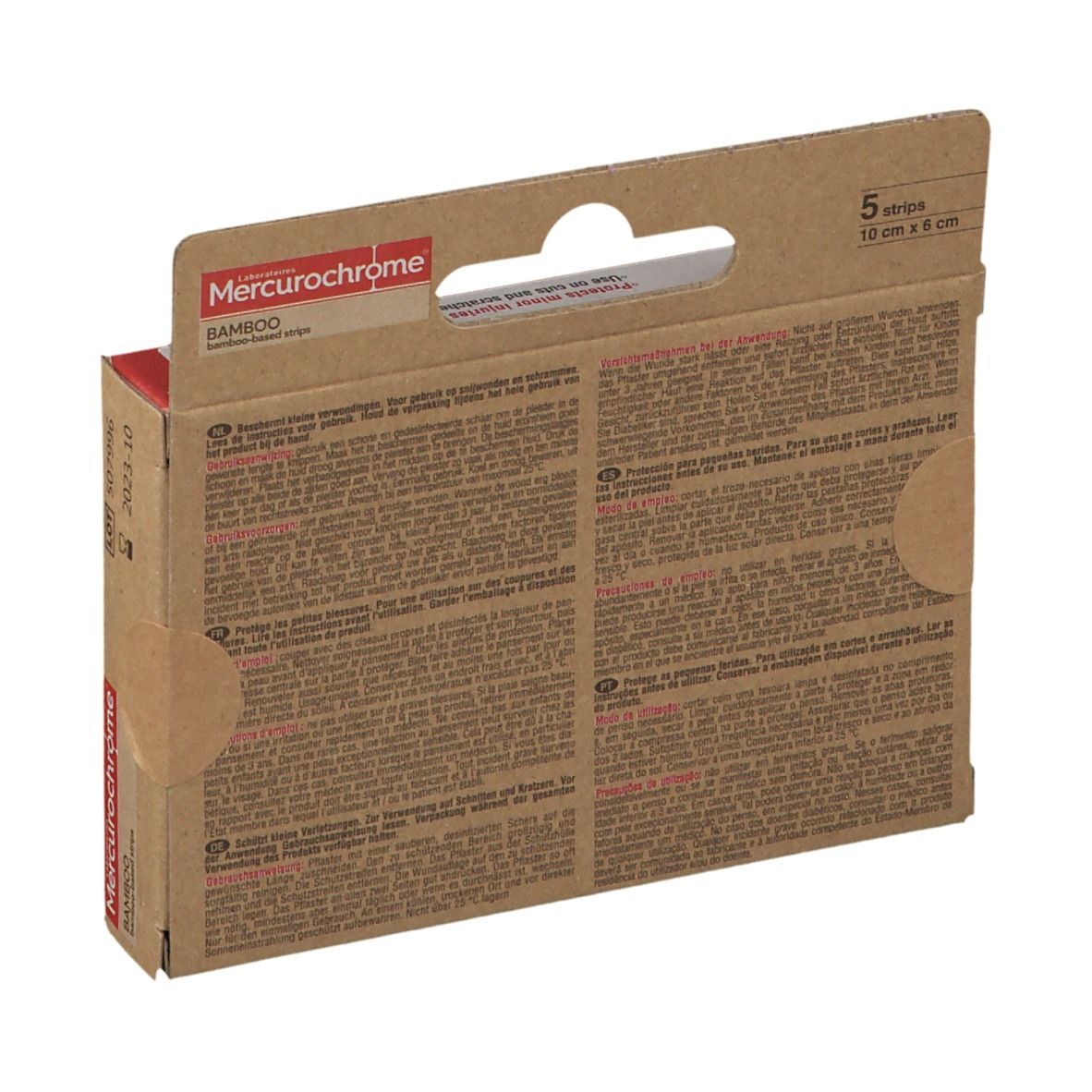 Dos de l'emballage avec texte. Contient des informations sur les pansements en bambou. Marque Mercurochrome. Taille 10 cm x 6 cm.