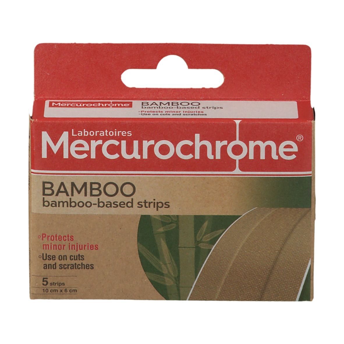 Boîte de pansements en bambou. Marque Mercurochrome. Contient 5 bandes de 10 cm x 6 cm. Protège les blessures mineures.