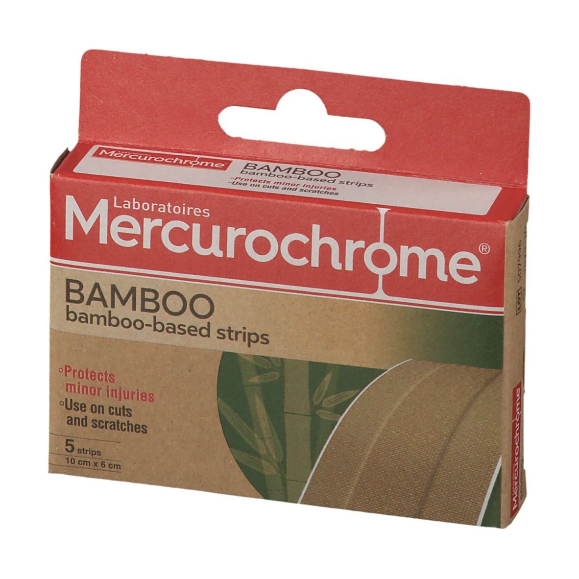Boîte de pansements en bambou. Marque Mercurochrome. Contient 5 bandes de 10 cm x 6 cm. Protège les blessures mineures.