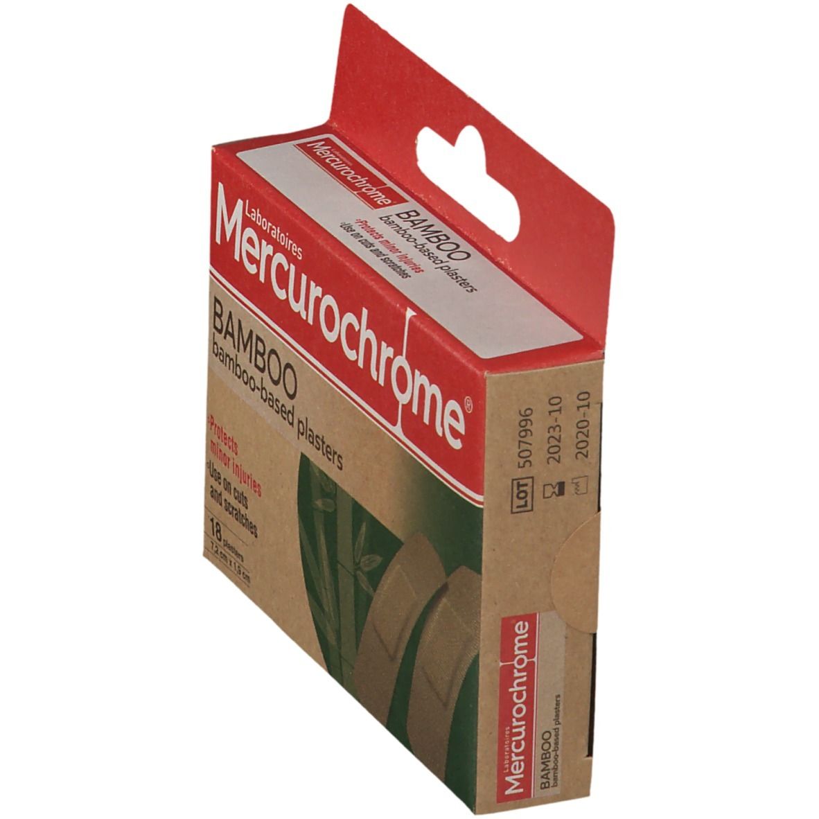 Vue en biais de la boîte de pansements Mercurochrome BAMBOO. Contient 18 pansements. Dimensions 7,2 cm x 1,9 cm. Date de péremption.