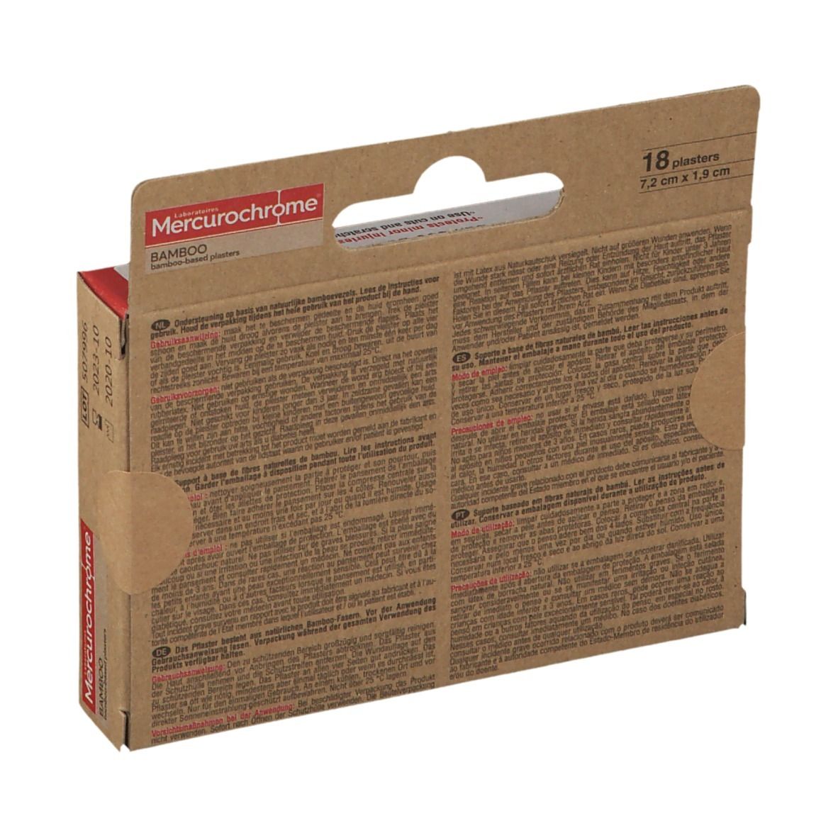 Dos de la boîte de pansements. Texte multilingue. Inscription: Mercurochrome, BAMBOO, 18 pansements. Dimensions 7,2 cm x 1,9 cm.