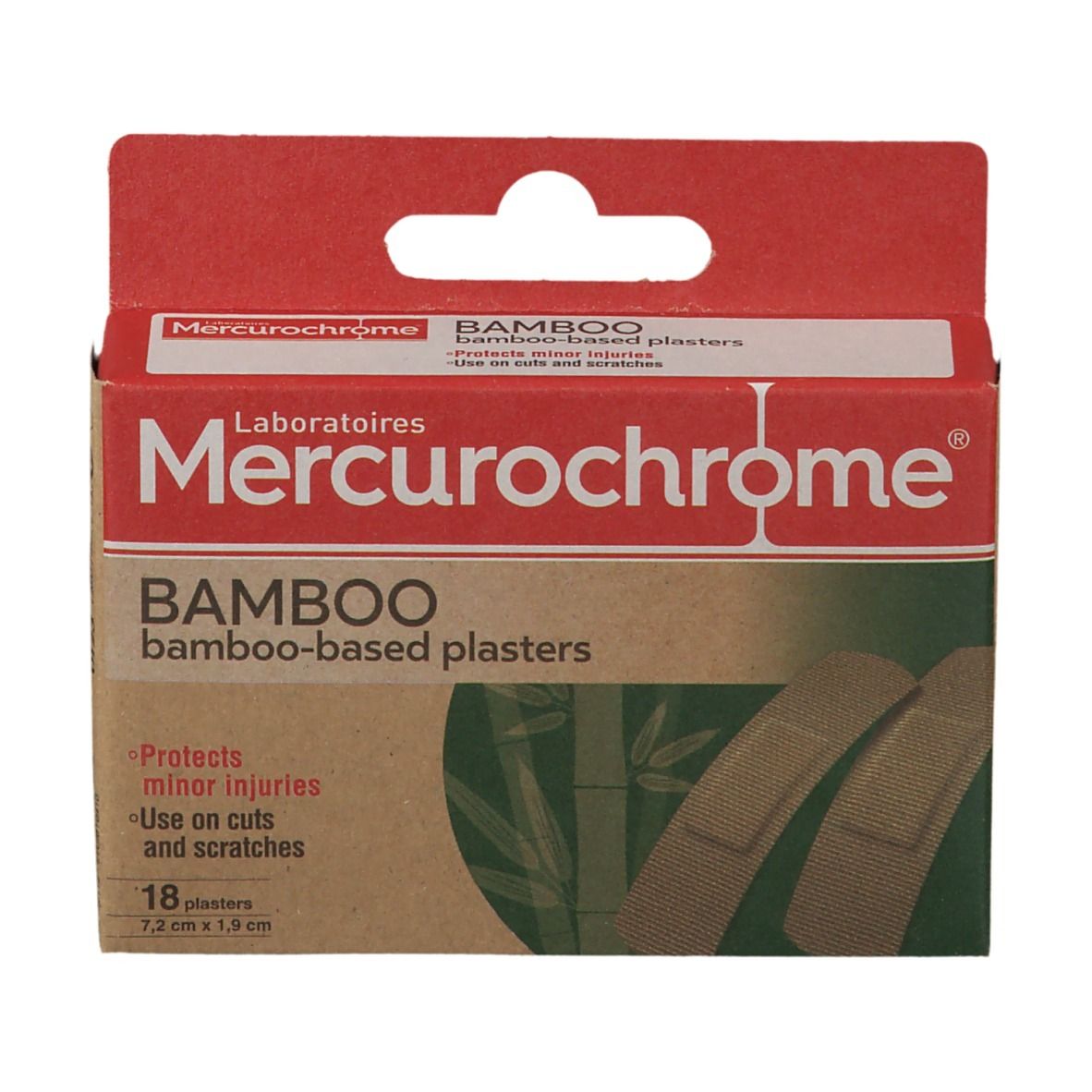 Boîte de pansements Mercurochrome BAMBOO. Contient 18 pansements de 7,2 cm x 1,9 cm. Protège les petites blessures et égratignures.