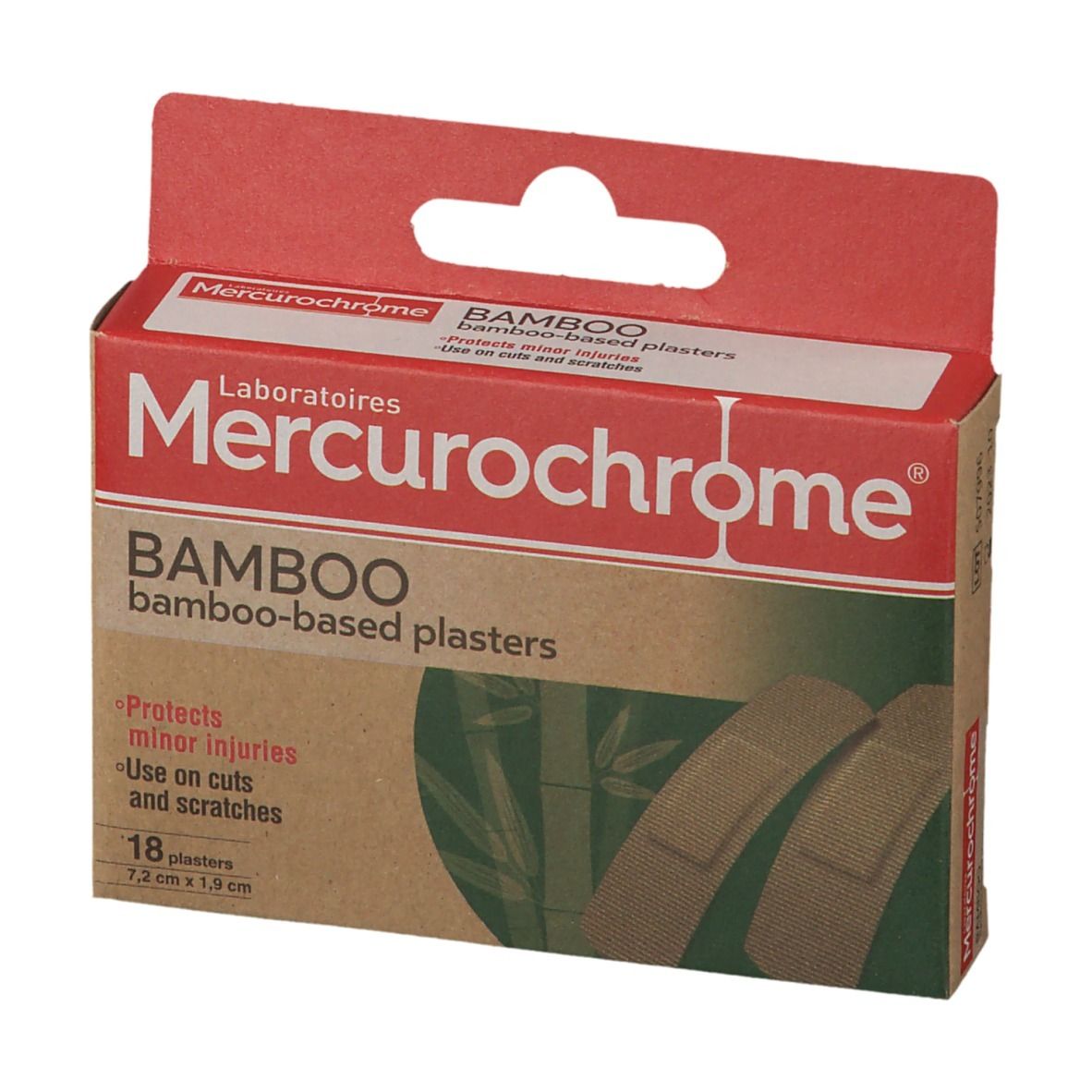 Boîte de pansements Mercurochrome BAMBOO. Contient 18 pansements de 7,2 cm x 1,9 cm. Protège les petites blessures et égratignures.