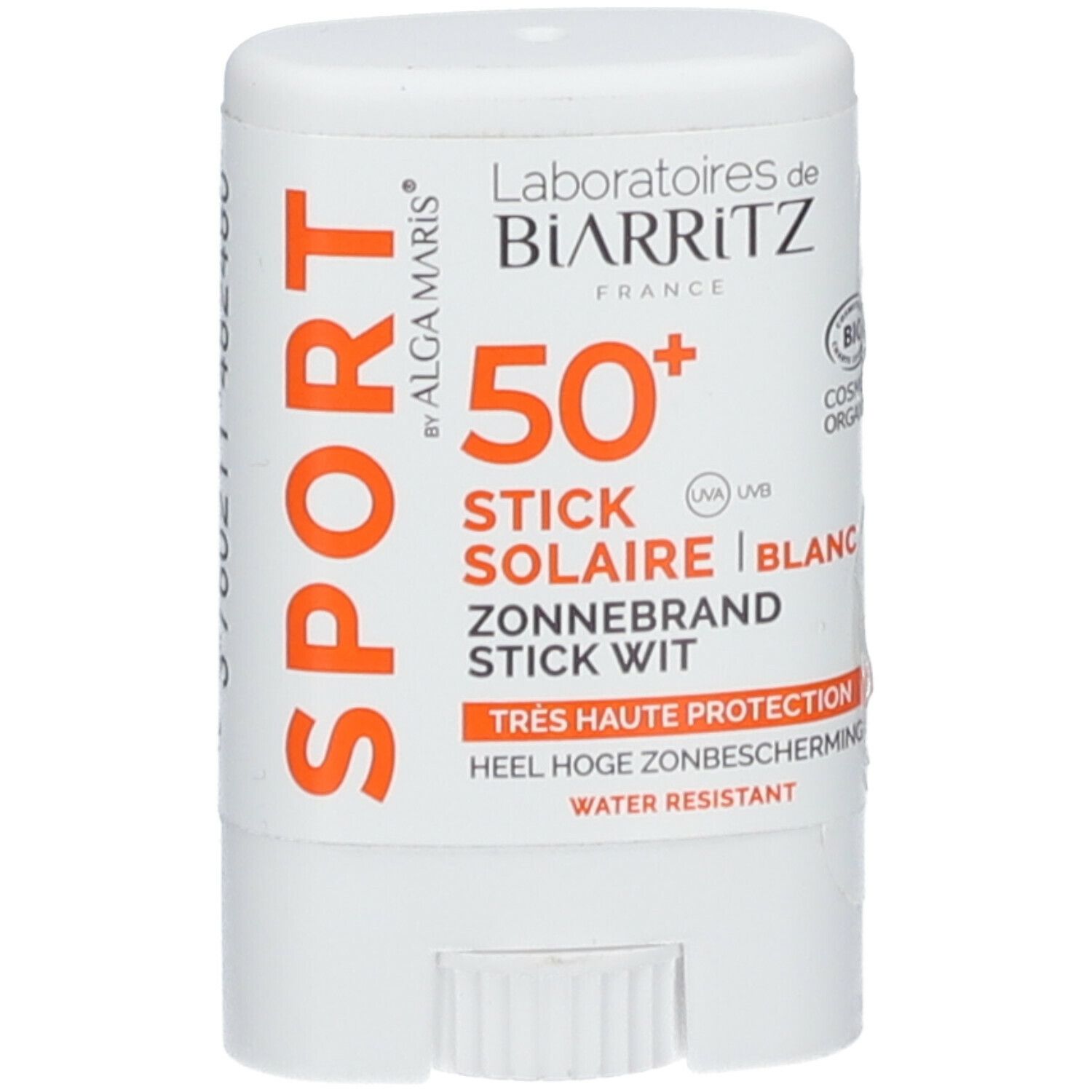 Stick solaire blanc avec texte orange. Inscription: SPORT, 50+, STICK SOLAIRE BLANC. Résistant à l'eau.