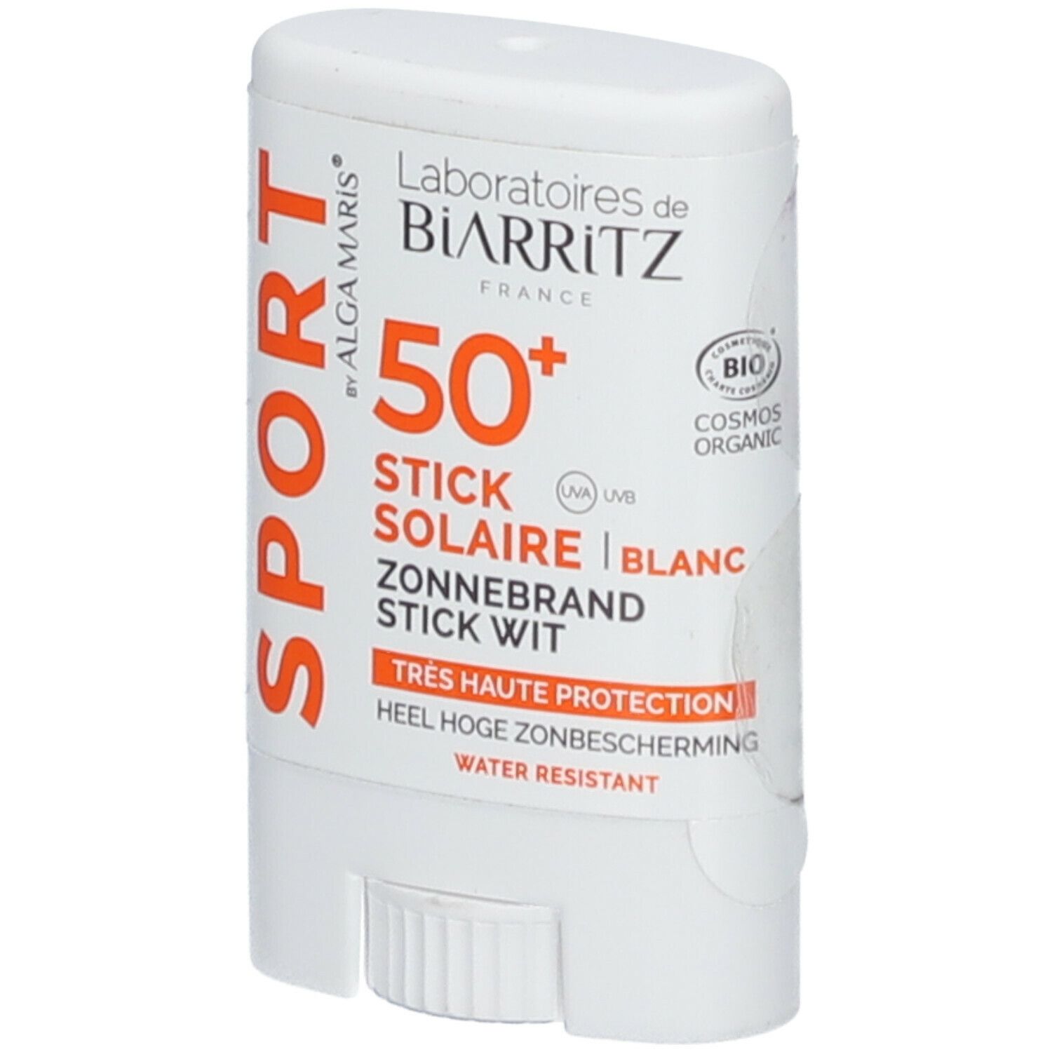 Stick solaire blanc avec texte orange. Inscription: SPORT, 50+, STICK SOLAIRE BLANC. Résistant à l'eau.