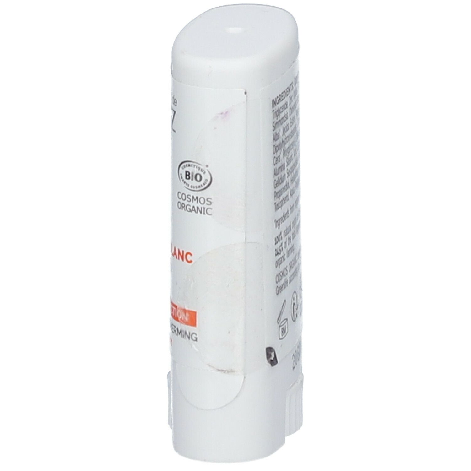 Stick solaire blanc avec inscriptions et certifications. Contient des informations sur les ingrédients.