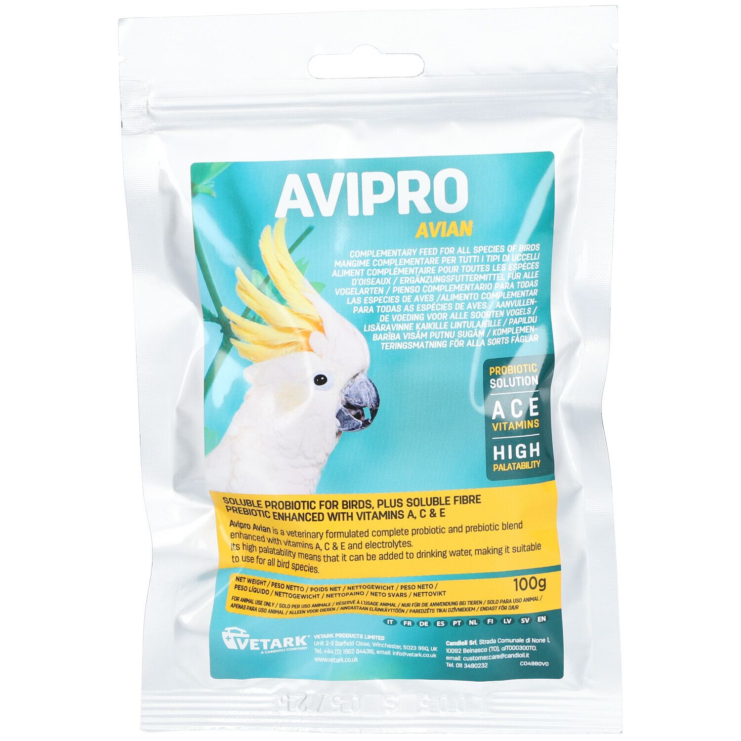 Beutel mit Produktnamen Avipro Avian. Aufdruck mit Papagei, Text und Logo. Enthält Vitamine und Elektrolyte.