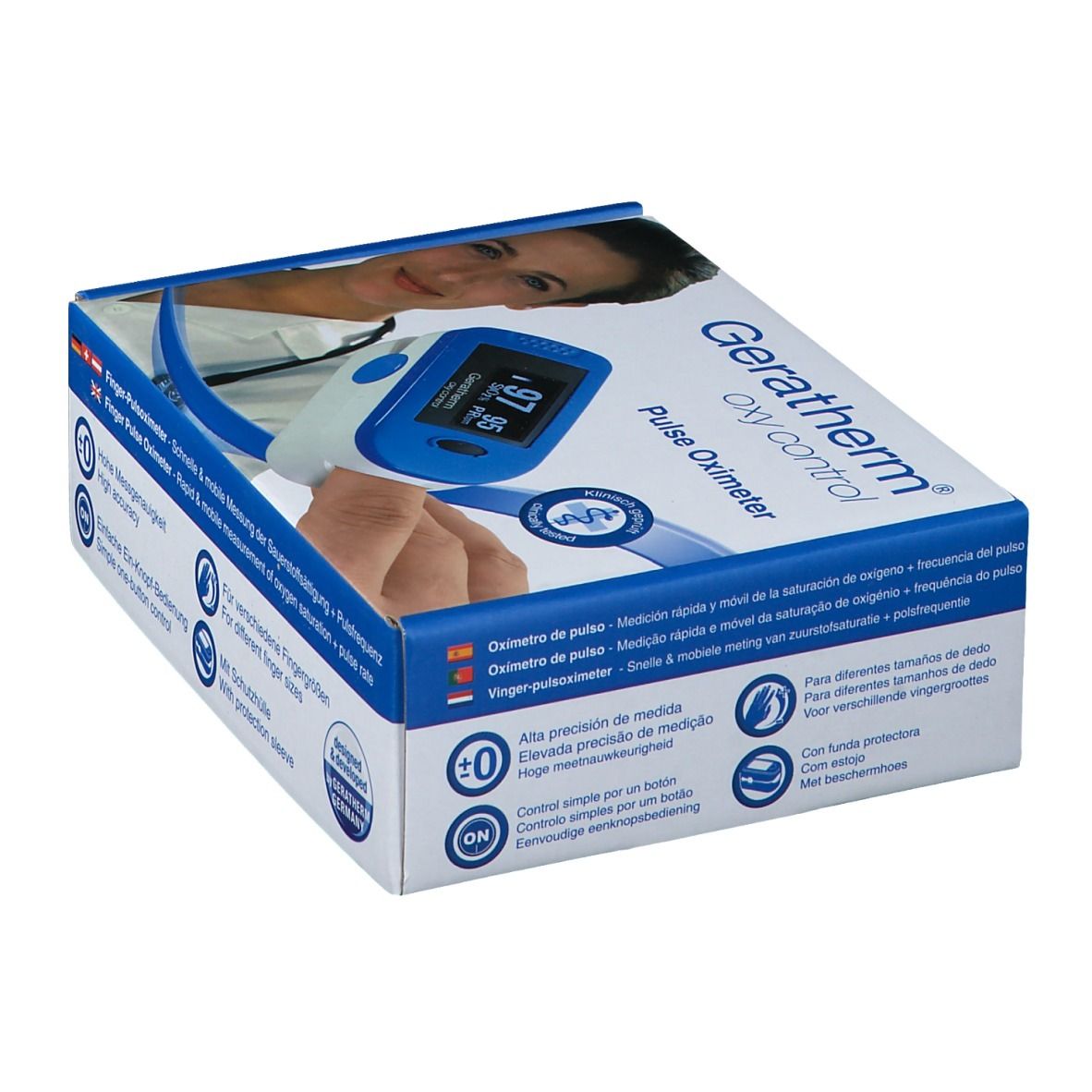 Emballage du saturomètre Geratherm Oxy Control. Appareil avec écran. Texte: Geratherm, Pulse Oximeter. Boîte avec textes multilingues.