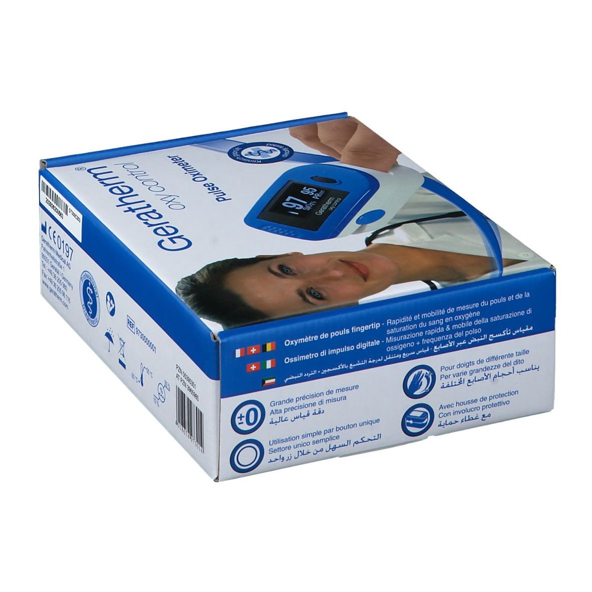 Emballage du saturomètre Geratherm Oxy Control. Appareil avec écran. Texte: Geratherm, Pulse Oximeter. Boîte avec textes multilingues.