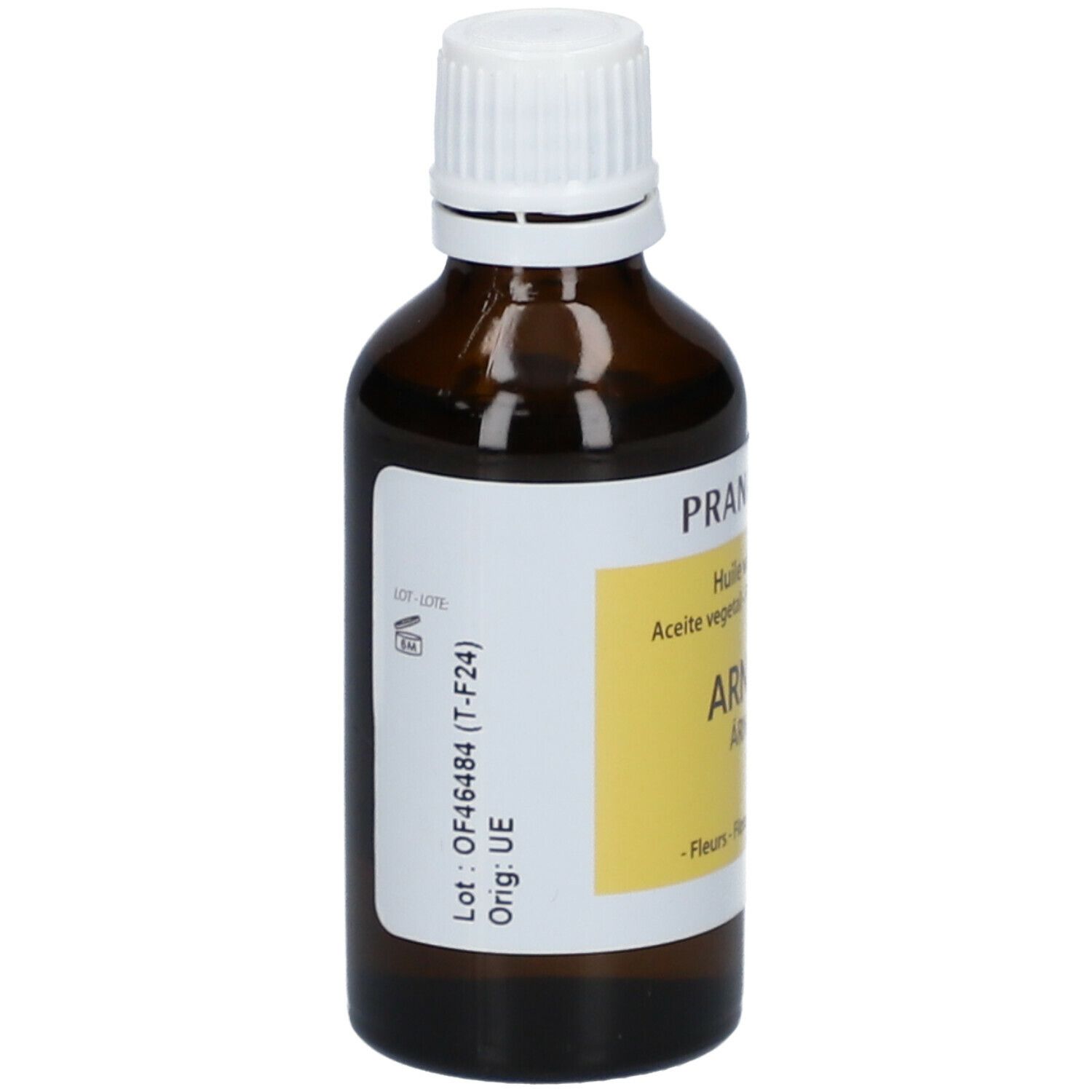 Bruine glazen fles met witte dop. Etiket met tekst en lotnummer.