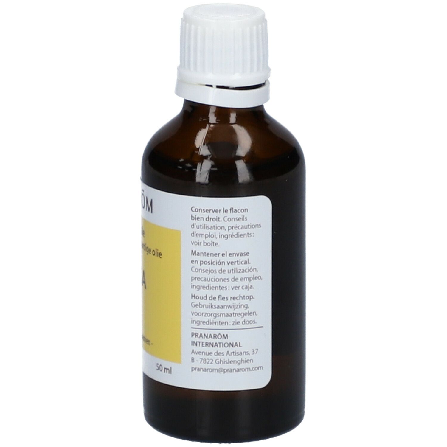 Bruine glazen fles met witte dop. Achterkant met tekst op wit etiket.