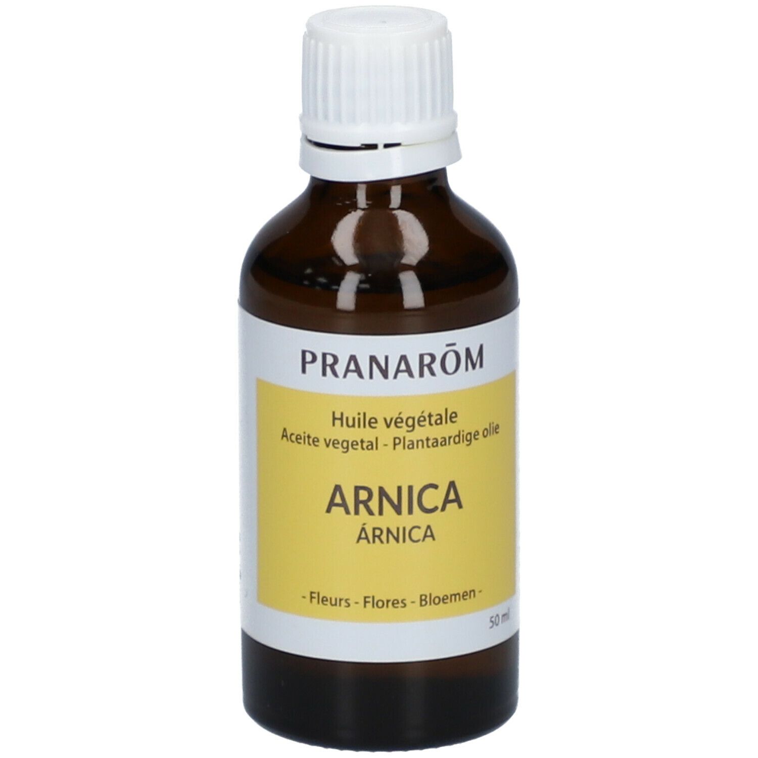 Bruine glazen fles met witte dop. Etiket: "PRANARÔM Huile végétale ARNICA".