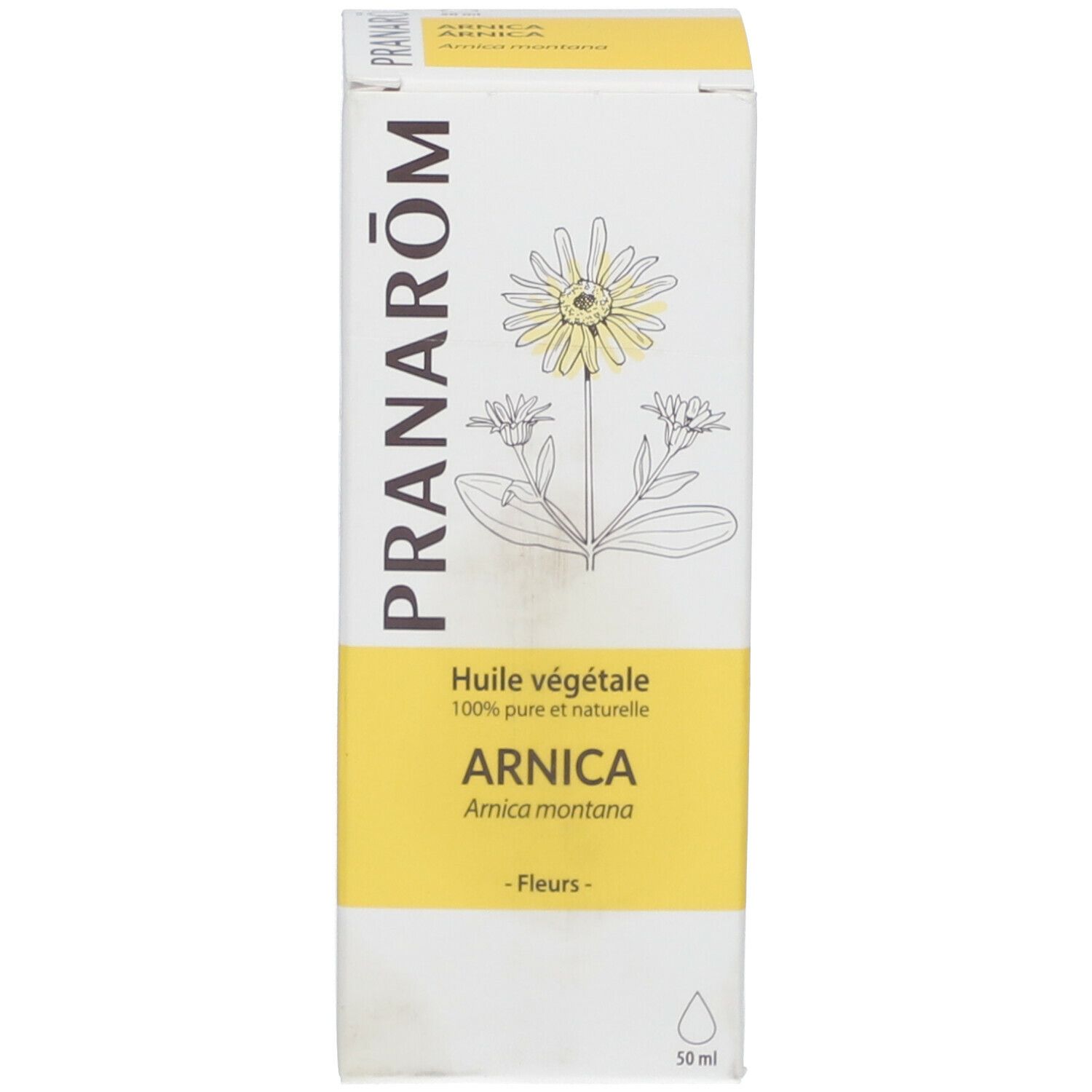 Witte doos met tekst en logo "PRANARÔM". Gedrukt: "Huile végétale ARNICA".