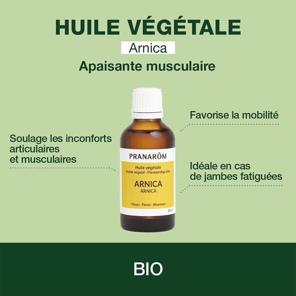 Arnika-Ölflasche. Gelbes Etikett mit Text. Marke: Pranarôm. Bio-Zertifizierung.