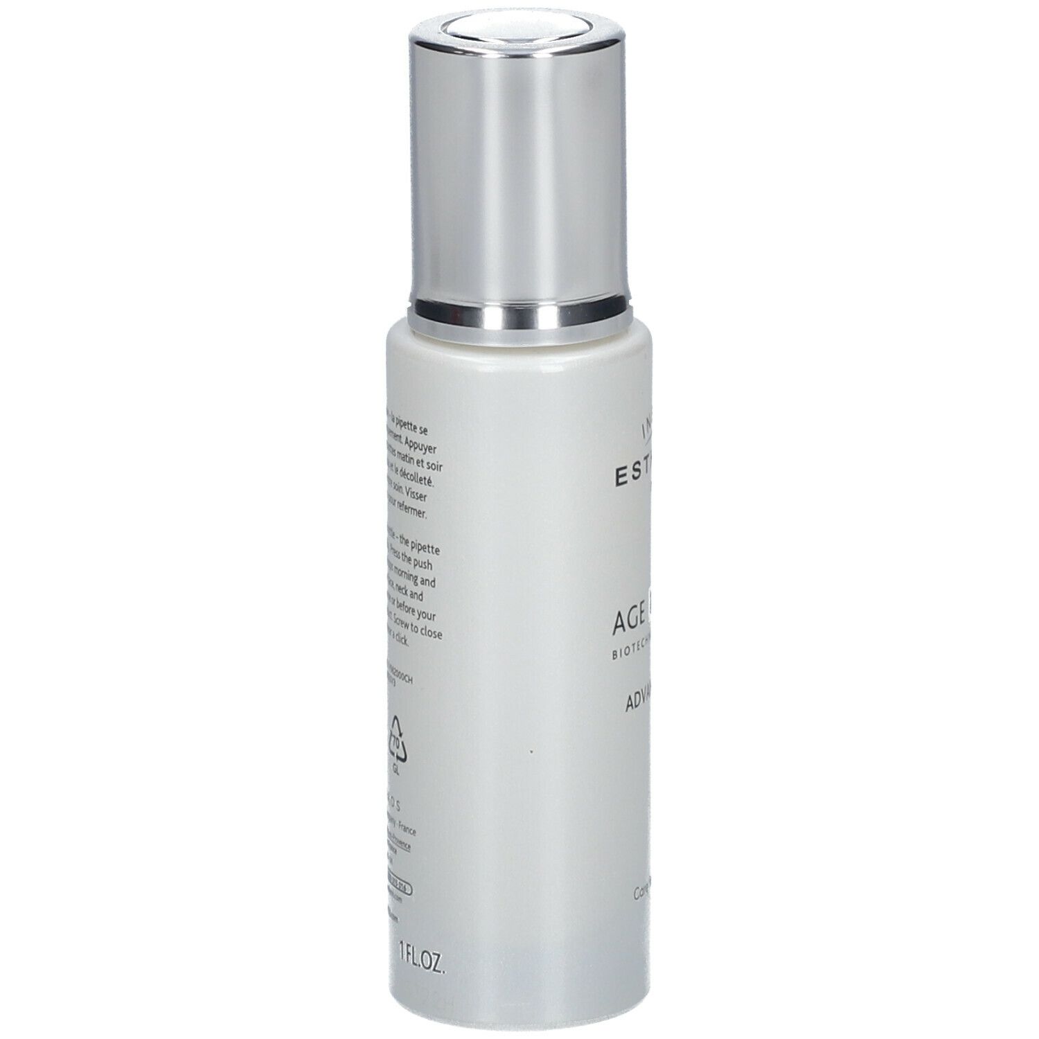 Flacon de sérum, dos avec texte. INSTITUT ESTHEDERM, AGE PROTEOM, ADVANCED SERUM. Texte multilingue.