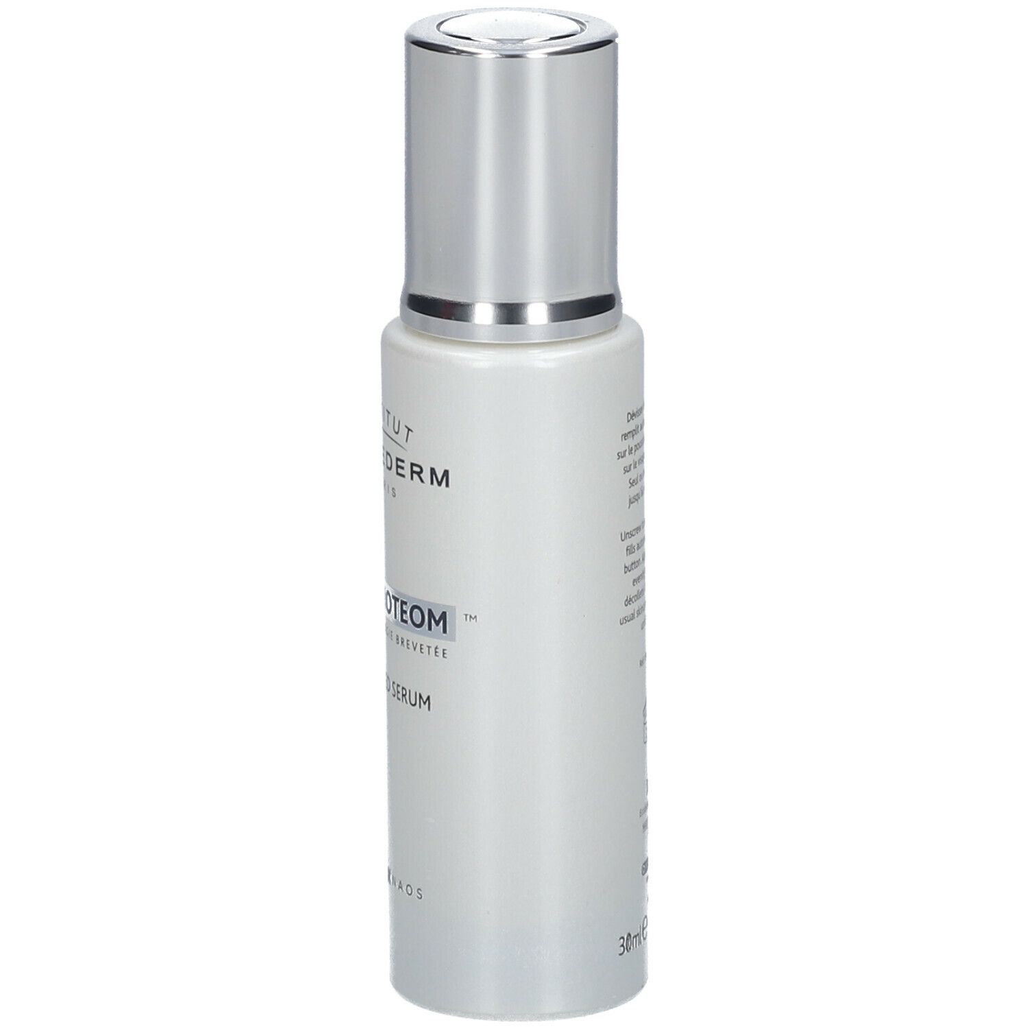 Flacon de sérum avec bouchon argenté. Inscription : INSTITUT ESTHEDERM, AGE PROTEOM, ADVANCED SERUM. 30ml.