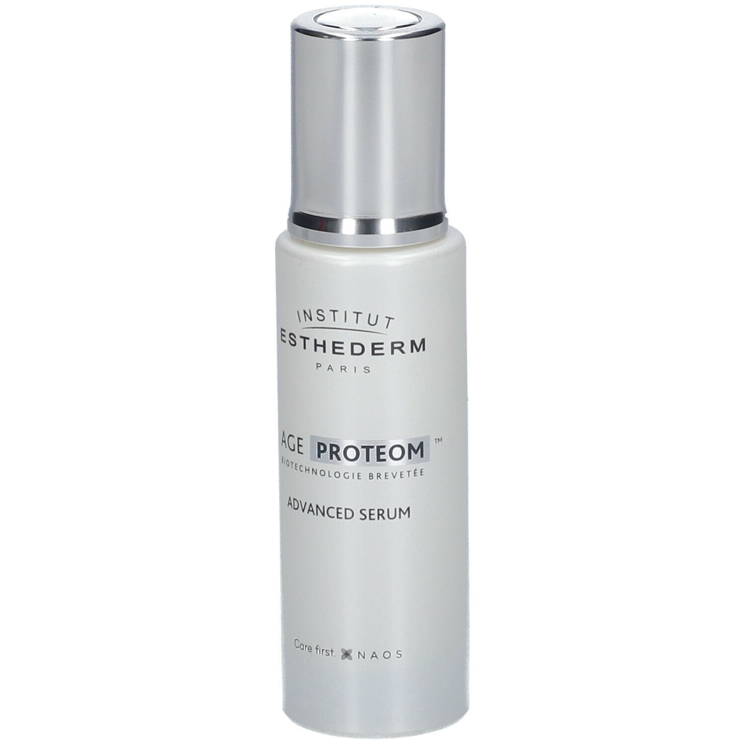 Flacon de sérum avec bouchon argenté. Inscription : INSTITUT ESTHEDERM, AGE PROTEOM, ADVANCED SERUM. Logo NAOS.