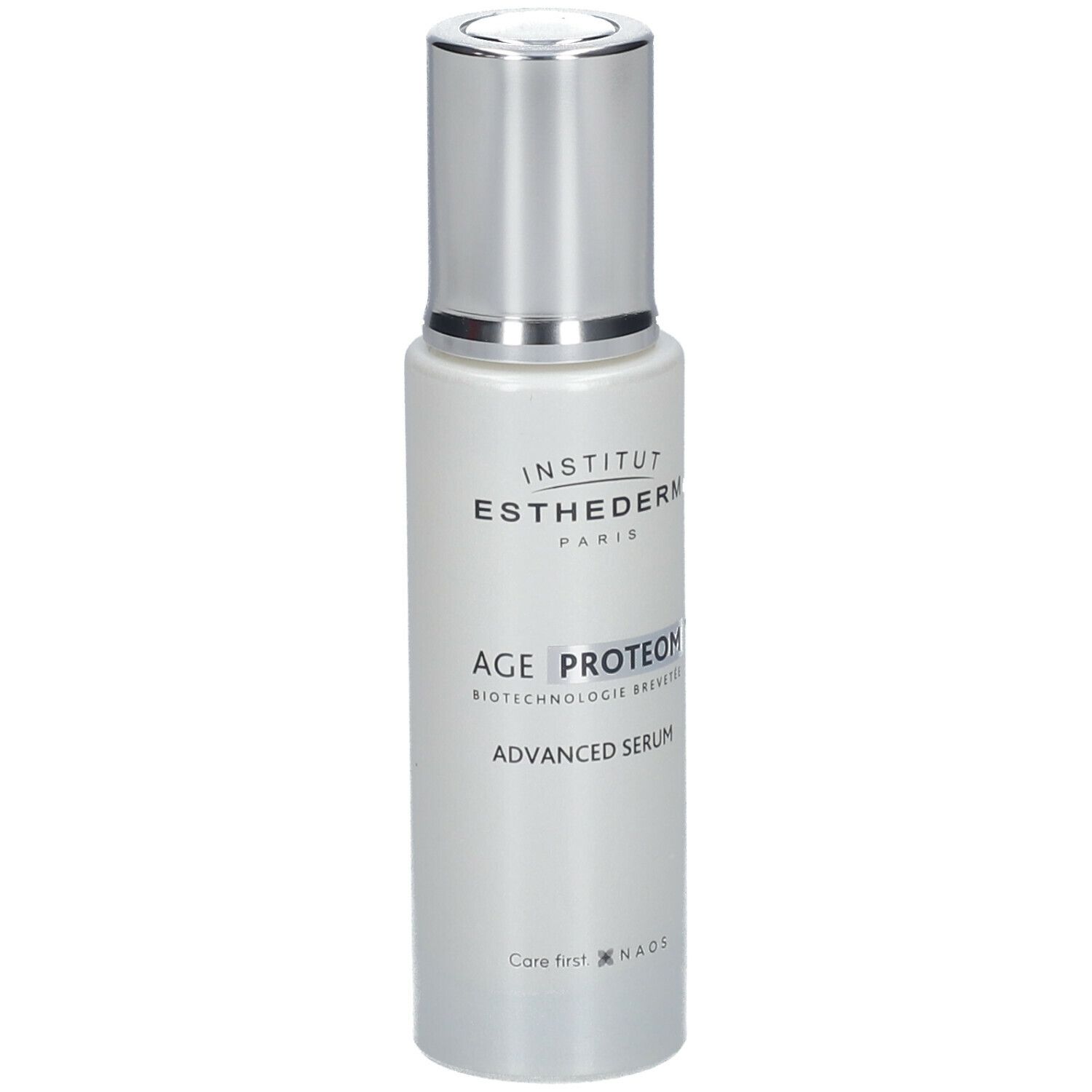 Flacon de sérum avec bouchon argenté. Inscription : INSTITUT ESTHEDERM, AGE PROTEOM, ADVANCED SERUM. Logo NAOS.