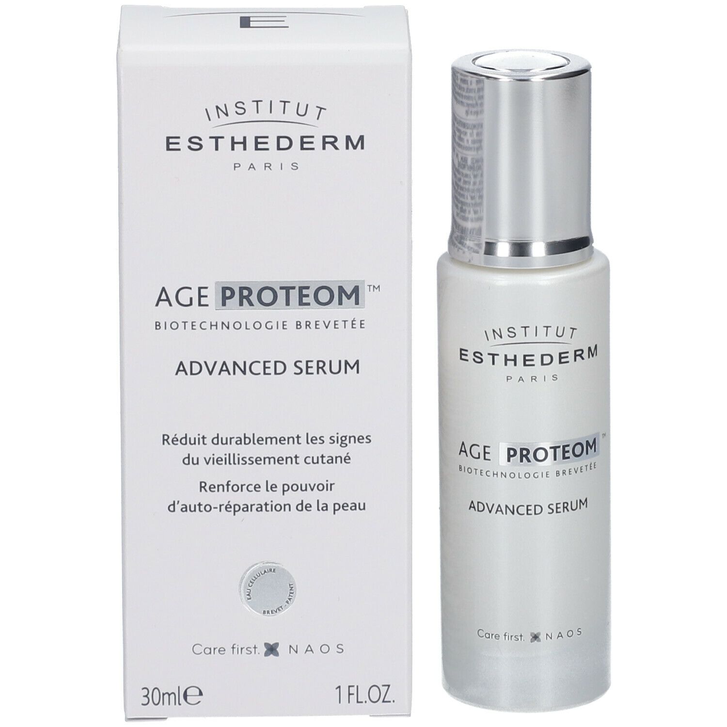 Emballage du produit et flacon de sérum. Inscription : INSTITUT ESTHEDERM, AGE PROTEOM, ADVANCED SERUM. 30ml, 1 FL.OZ.