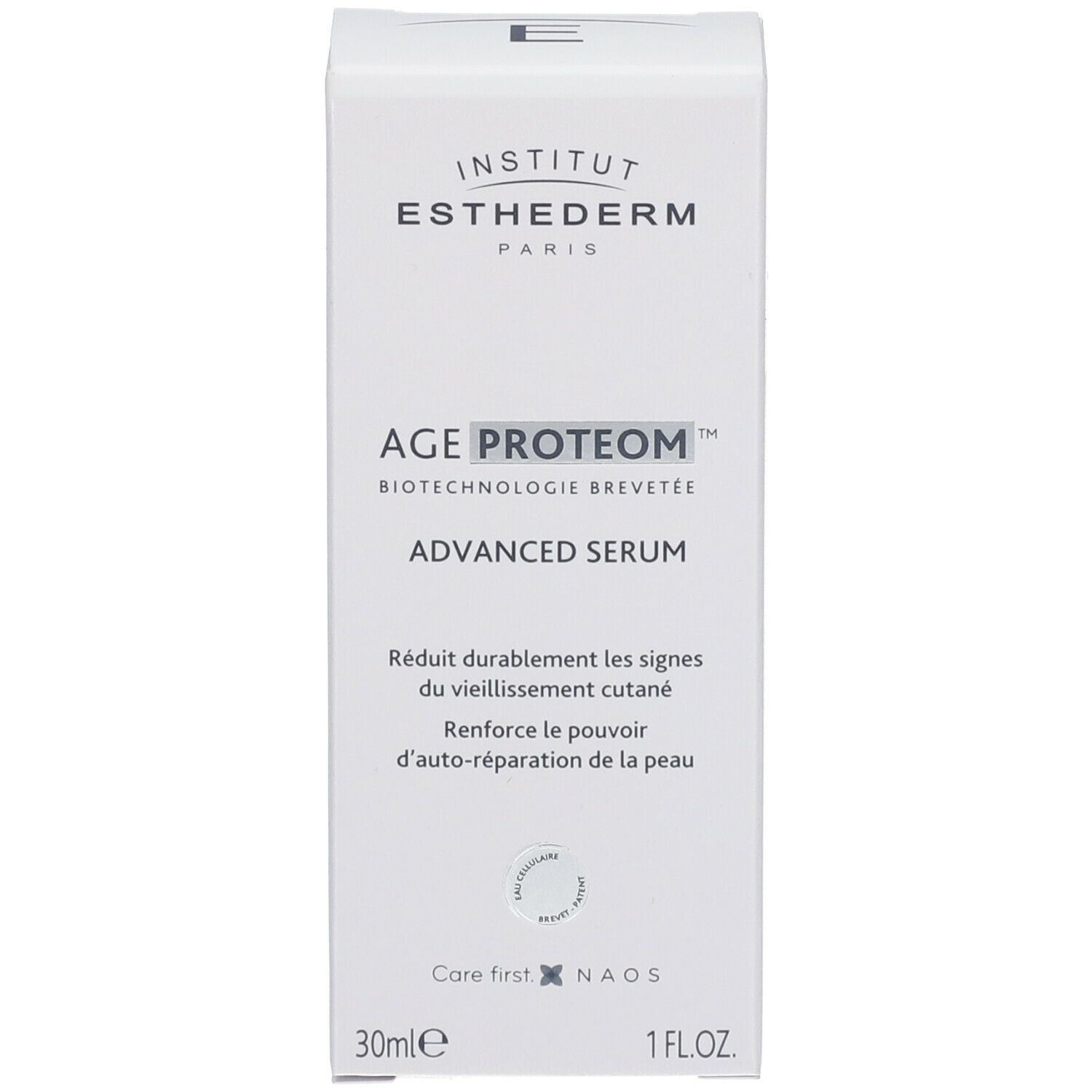 Emballage du produit. Inscription : INSTITUT ESTHEDERM, AGE PROTEOM, ADVANCED SERUM. 30ml, 1 FL.OZ. Logo NAOS.
