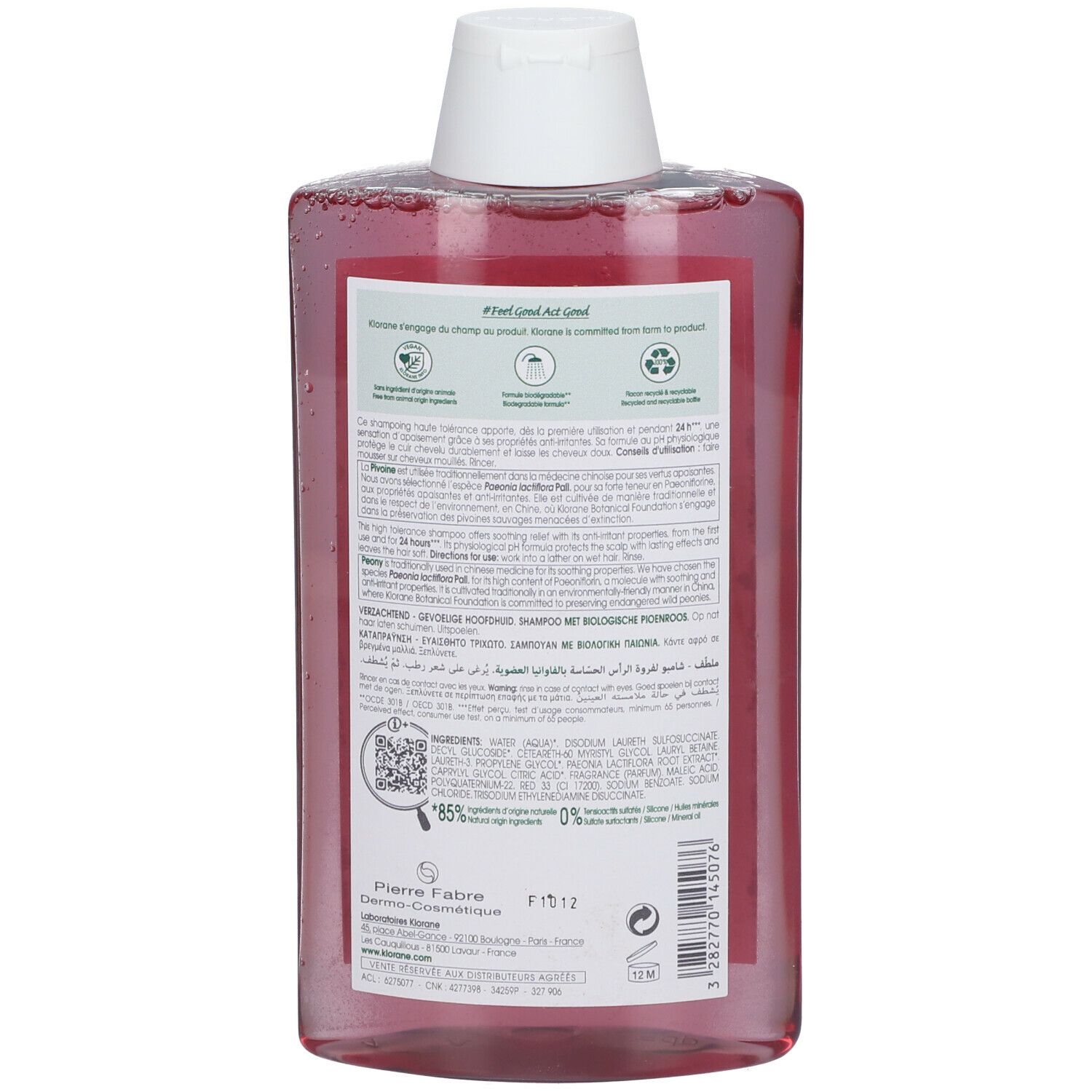 Achterkant van de KLORANE Pioenroos Shampoo BIO fles. Tekst en logo's op etiket. Informatie over ingrediënten en recycling.