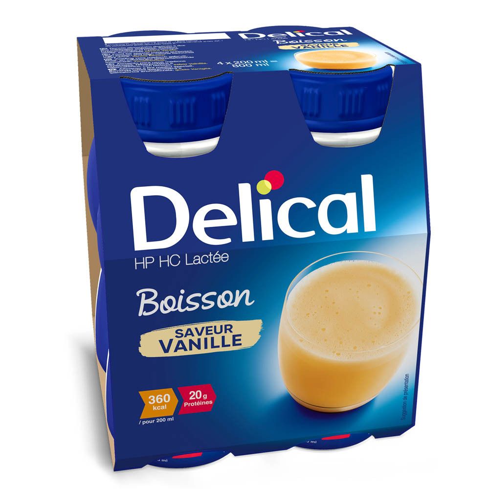 Verpakking Delical HP HC Lactée Vanille. 4 flessen van 200 ml. Opschrift: 360 kcal, 20,0g eiwitten.