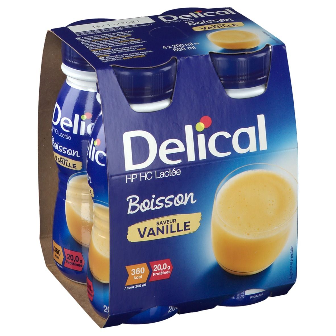 Verpakking Delical HP HC Lactée Vanille. 4 flessen van 200 ml. Opschrift: 360 kcal, 20,0g eiwitten.