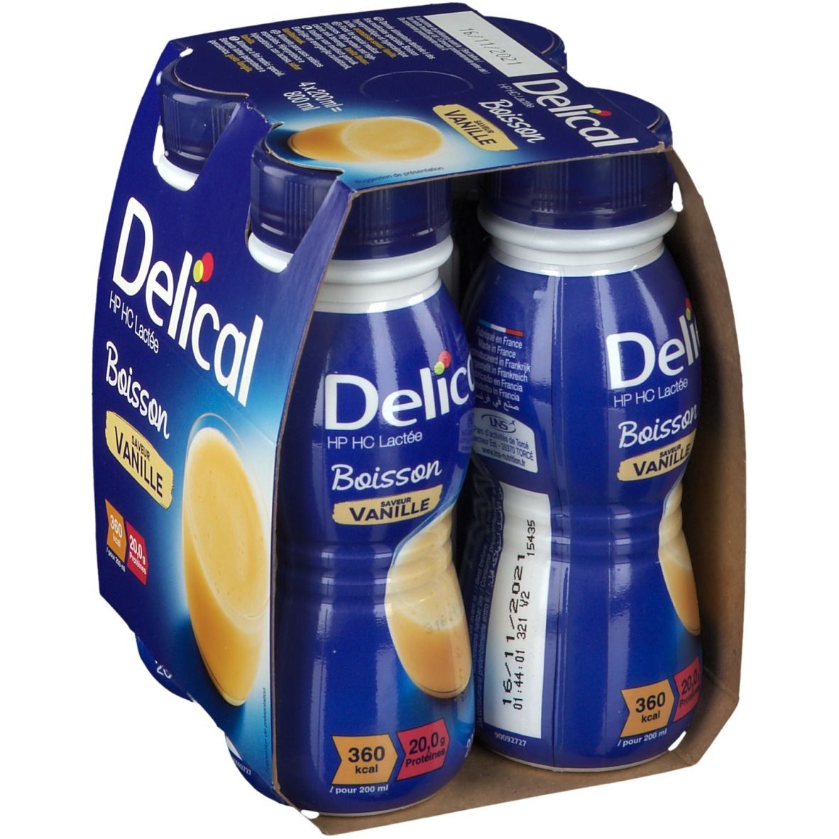 Verpakking Delical HP HC Lactée Vanille. 4 flessen van 200 ml. Opschrift: 360 kcal, 20,0g eiwitten.