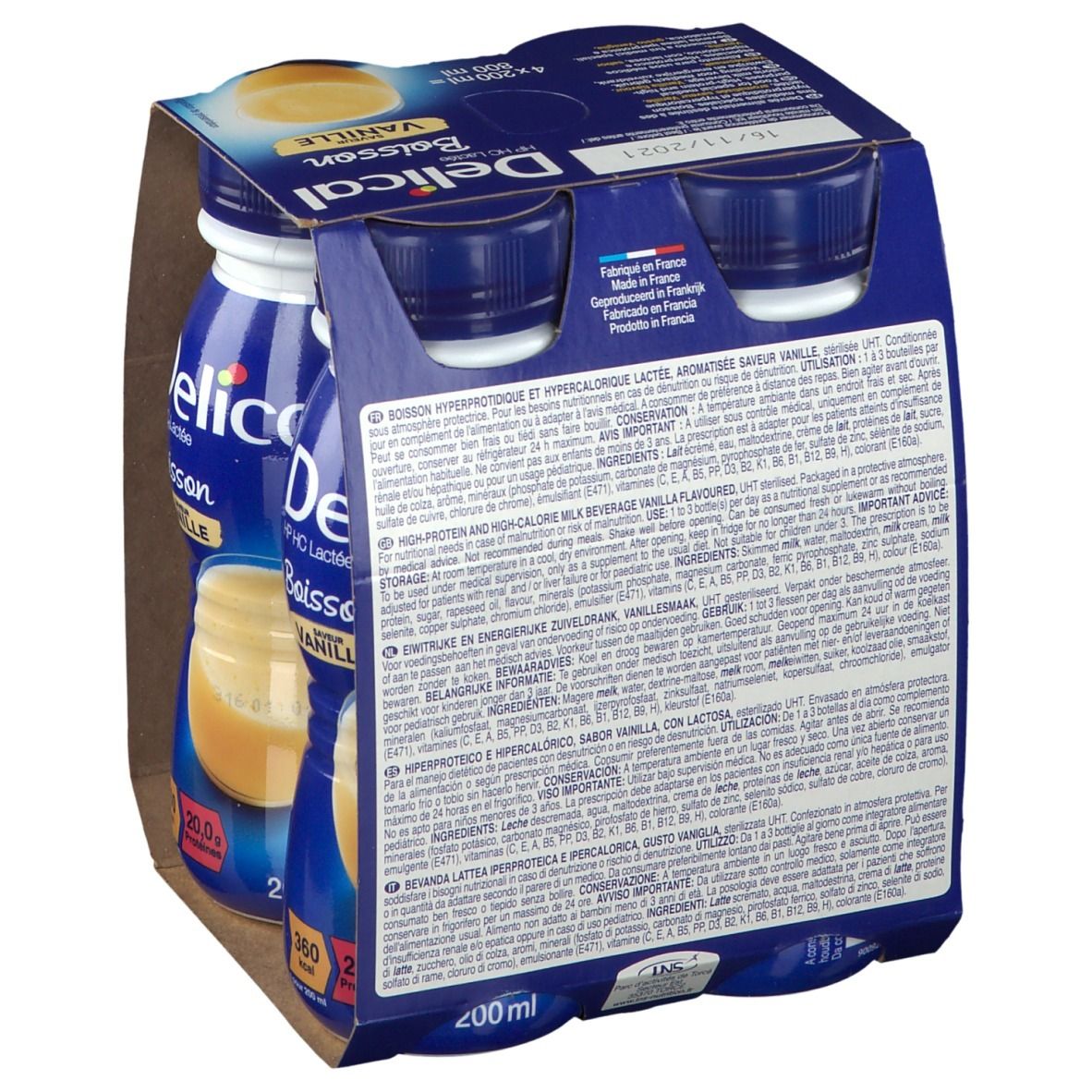 Verpakking Delical HP HC Lactée Vanille. 4 flessen van 200 ml. Achterkant met tekst. Opschrift: 360 kcal, 20,0g eiwitten.