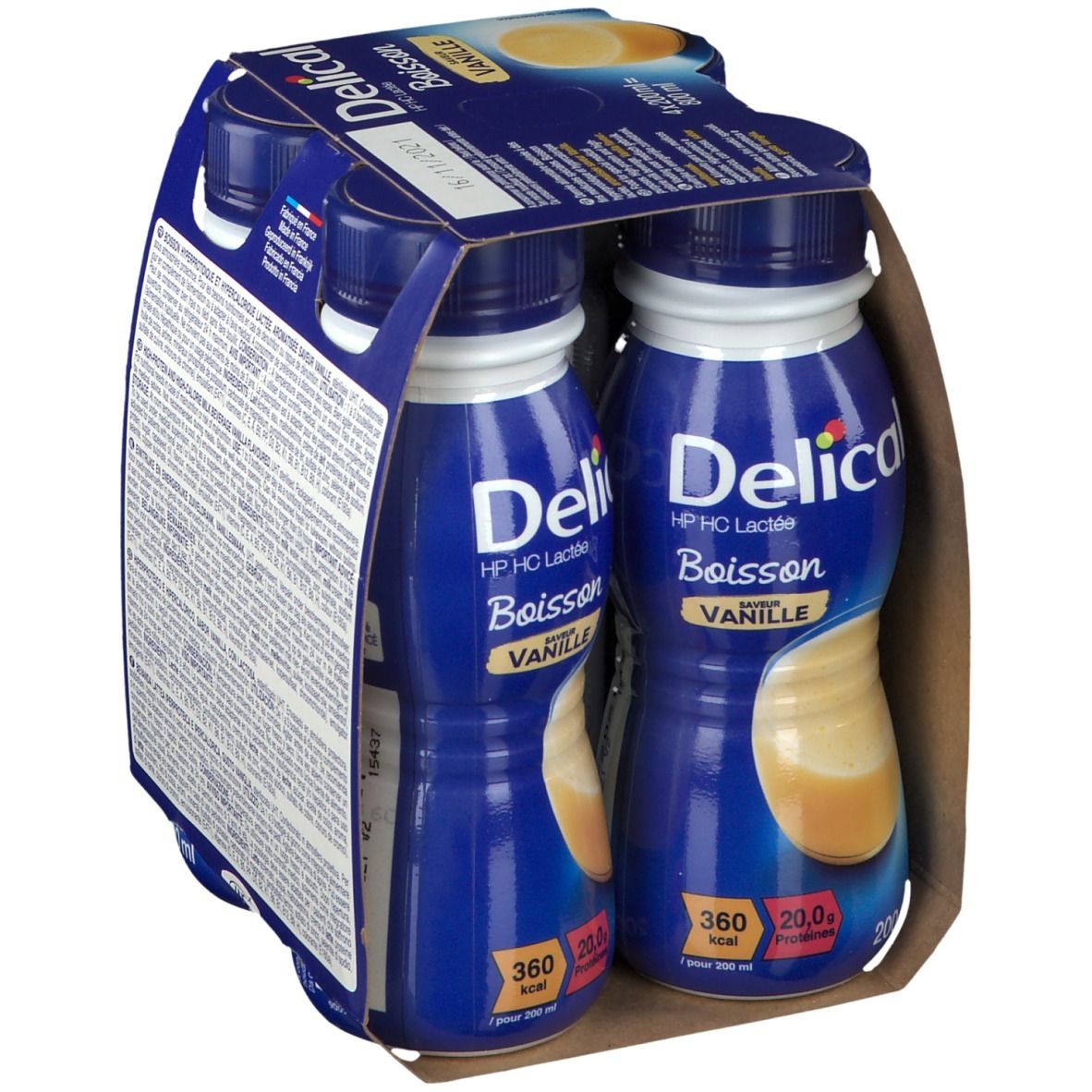 Verpakking Delical HP HC Lactée Vanille. 4 flessen van 200 ml. Opschrift: 360 kcal, 20,0g eiwitten.
