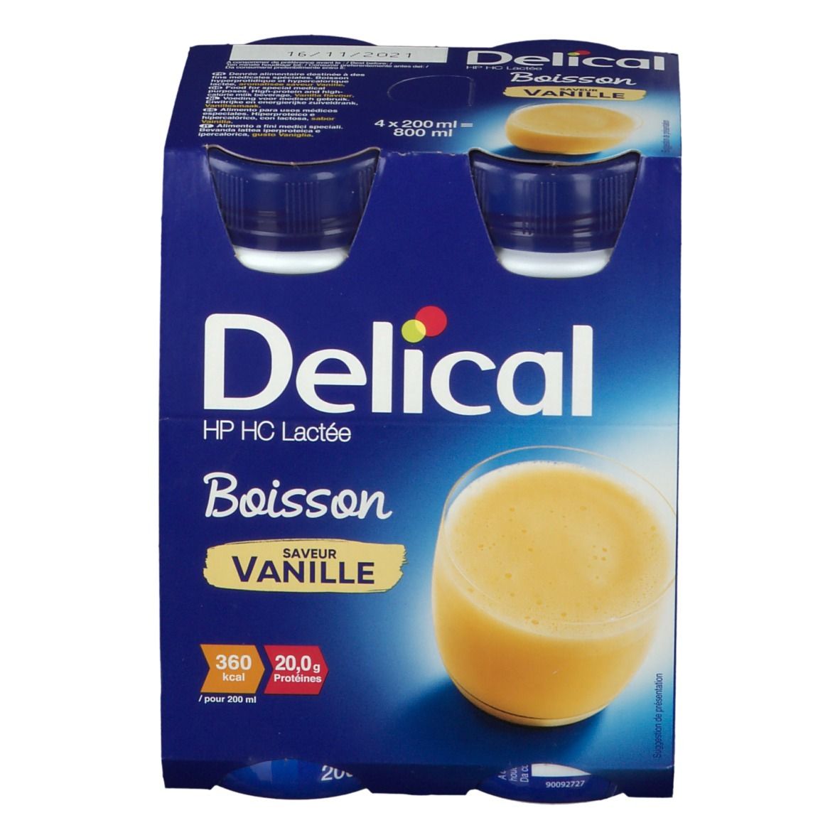 Verpakking Delical HP HC Lactée Vanille. 4 flessen van 200 ml. Opschrift: 360 kcal, 20,0g eiwitten.