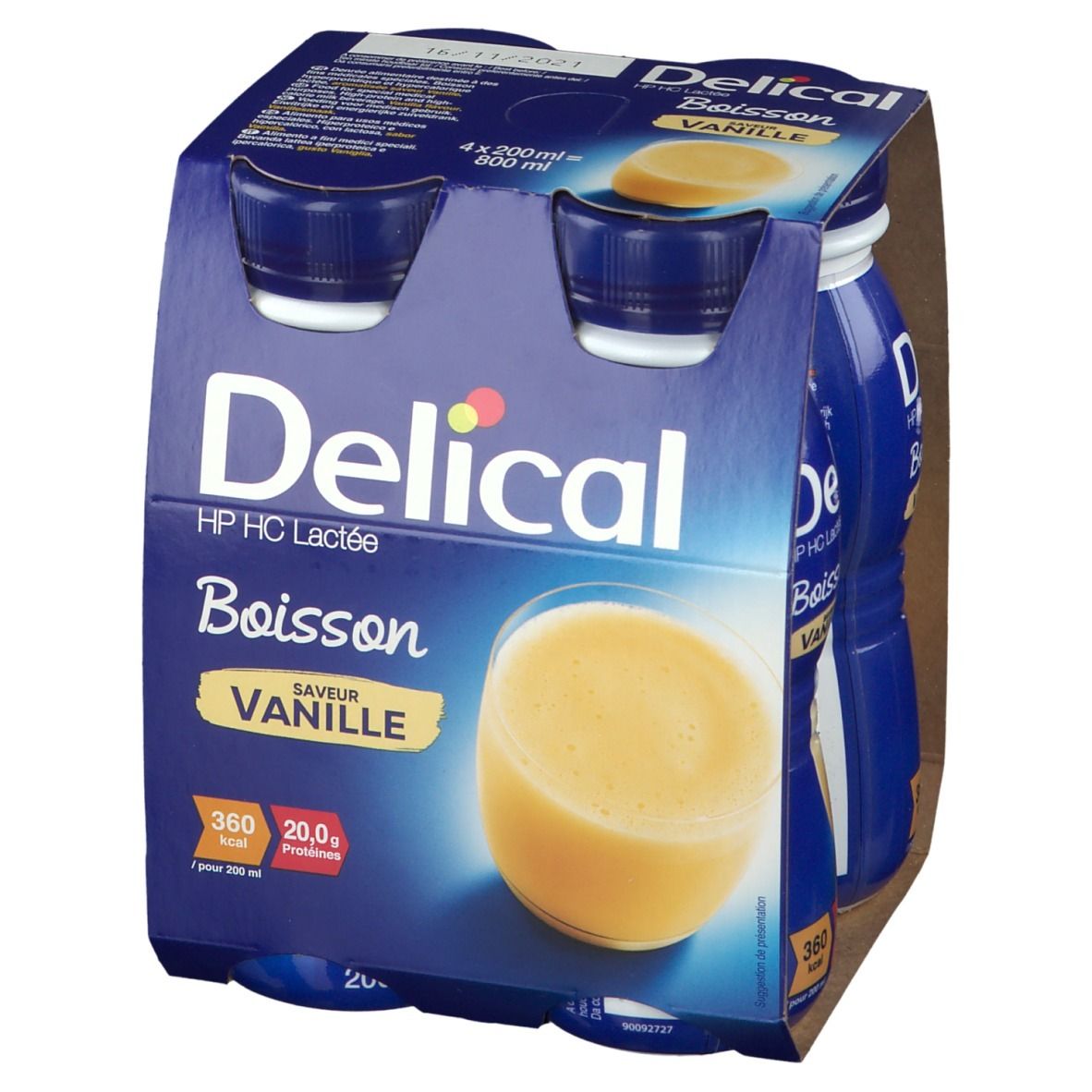 Verpakking Delical HP HC Lactée Vanille. 4 flessen van 200 ml. Opschrift: 360 kcal, 20,0g eiwitten.
