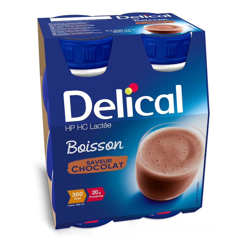 Verpakking van 4 flessen Delical HP HC Lactée Chocolat. Blauwe flessen, afbeelding van drank.