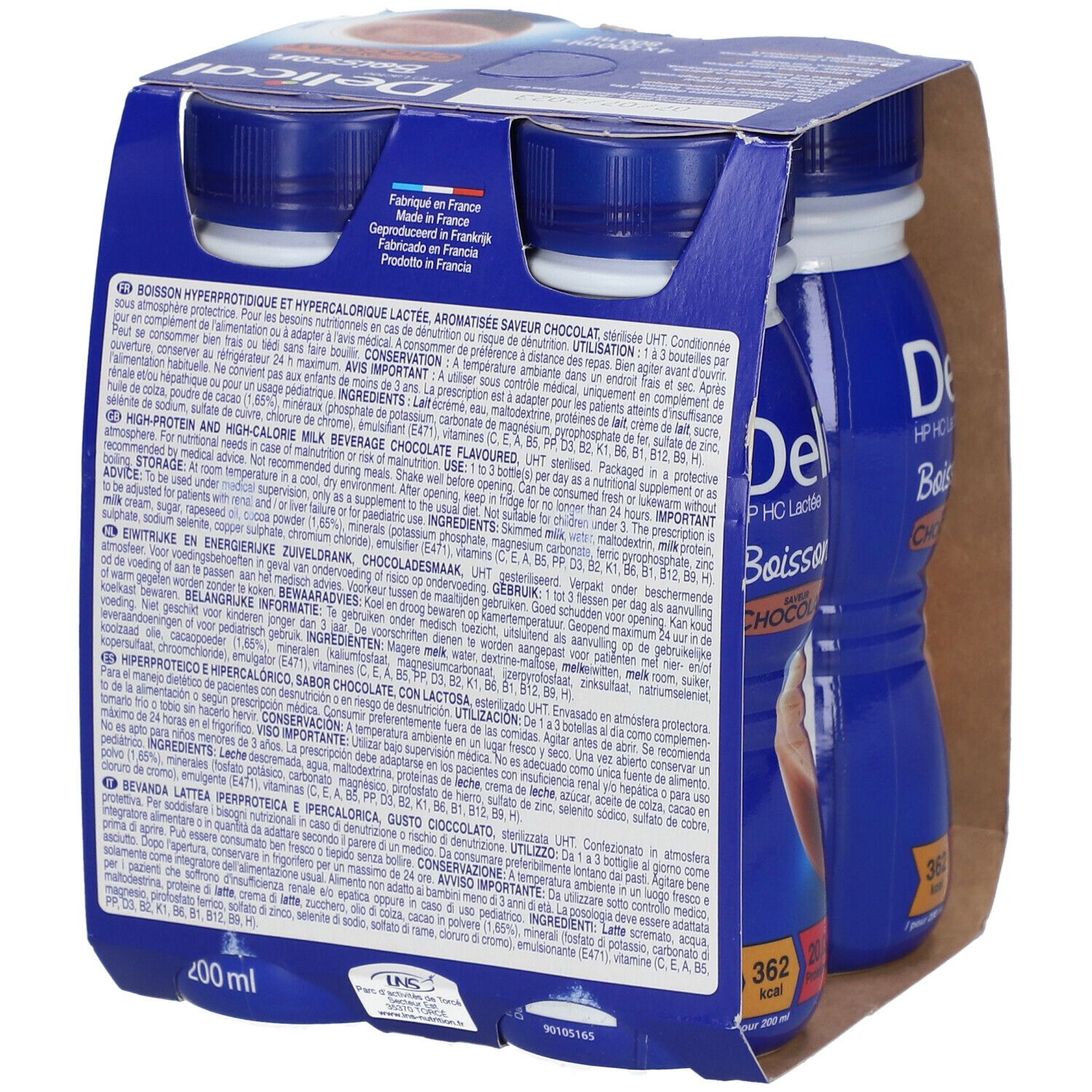 Verpakking van 4 flessen Delical HP HC Lactée Chocolat. Achterkant met meertalige tekst.