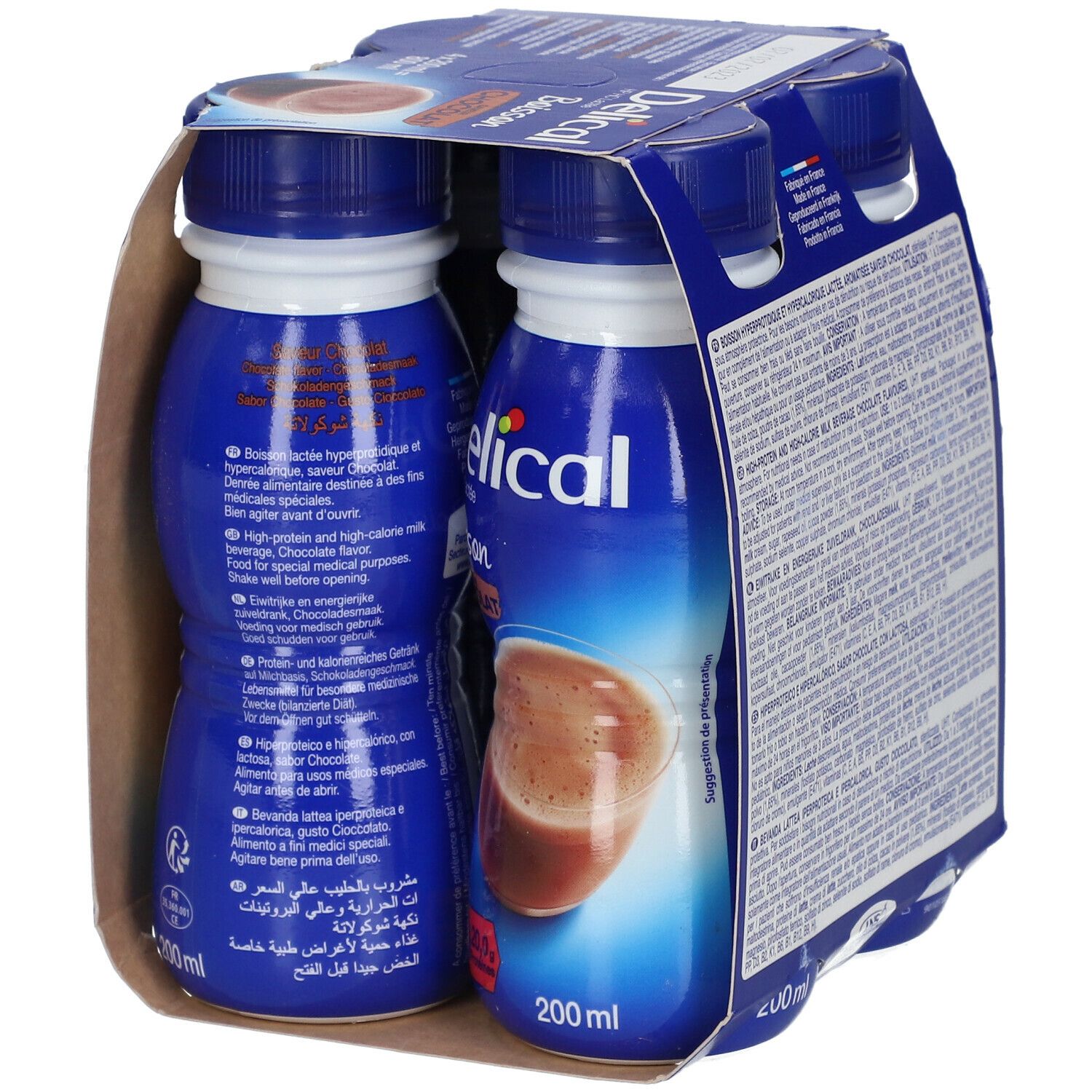 Verpakking van 4 flessen Delical HP HC Lactée Chocolat. Twee flessen zichtbaar, blauwe kleur.